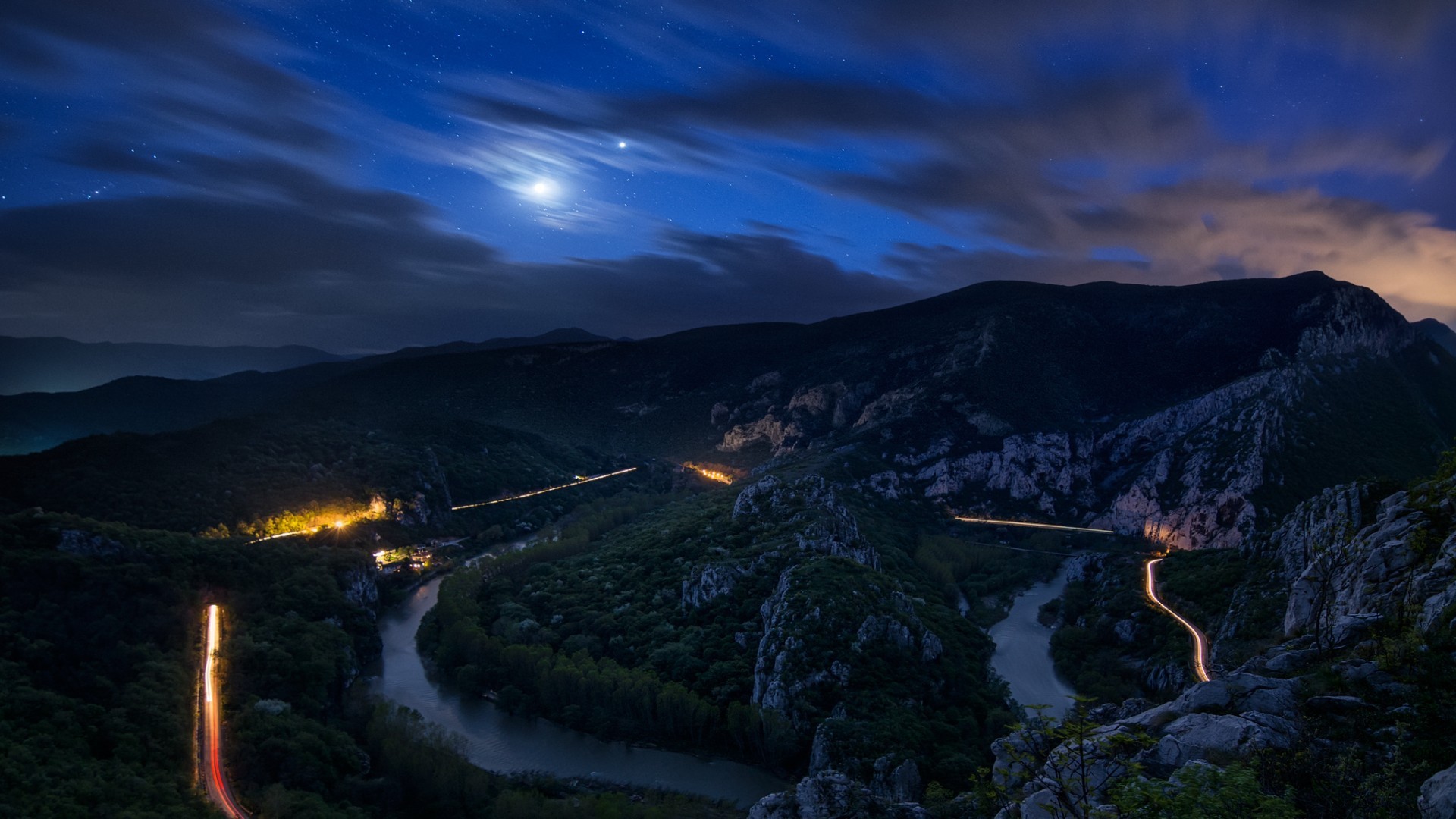 Nature Landscape Trees Forest Water River Sky Clouds Night Bulgaria Mountains Valley Moon Stars Ligh 1920x1080