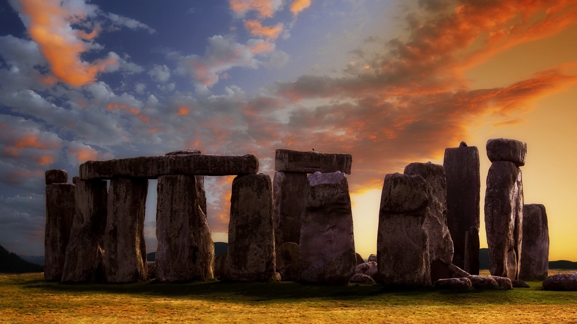 Monument Sunset Stone Circle Ancient Orange Stones Clouds 1920x1080