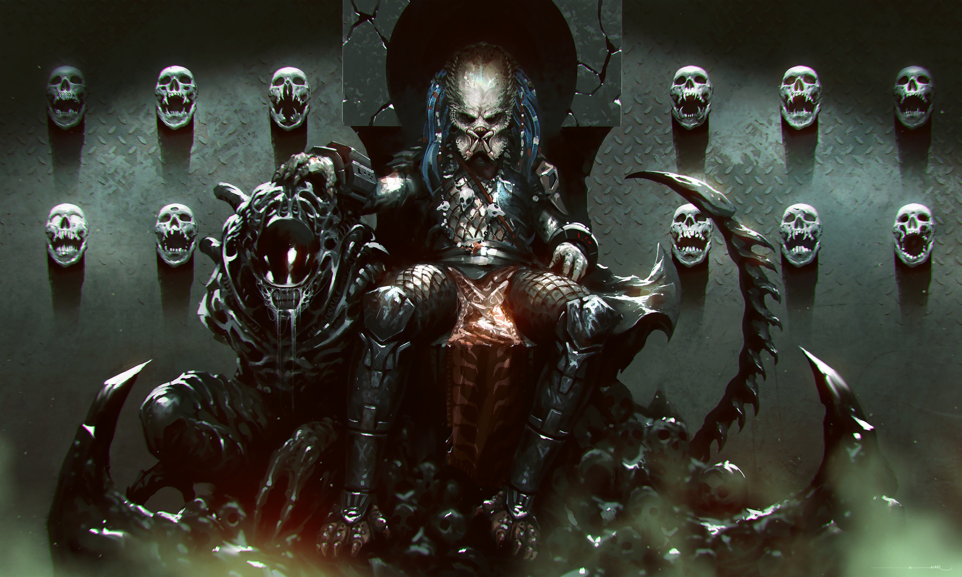 Aliens Predator Creature Artwork Xenomorph Digital Art Science Fiction Skull 1920x1152