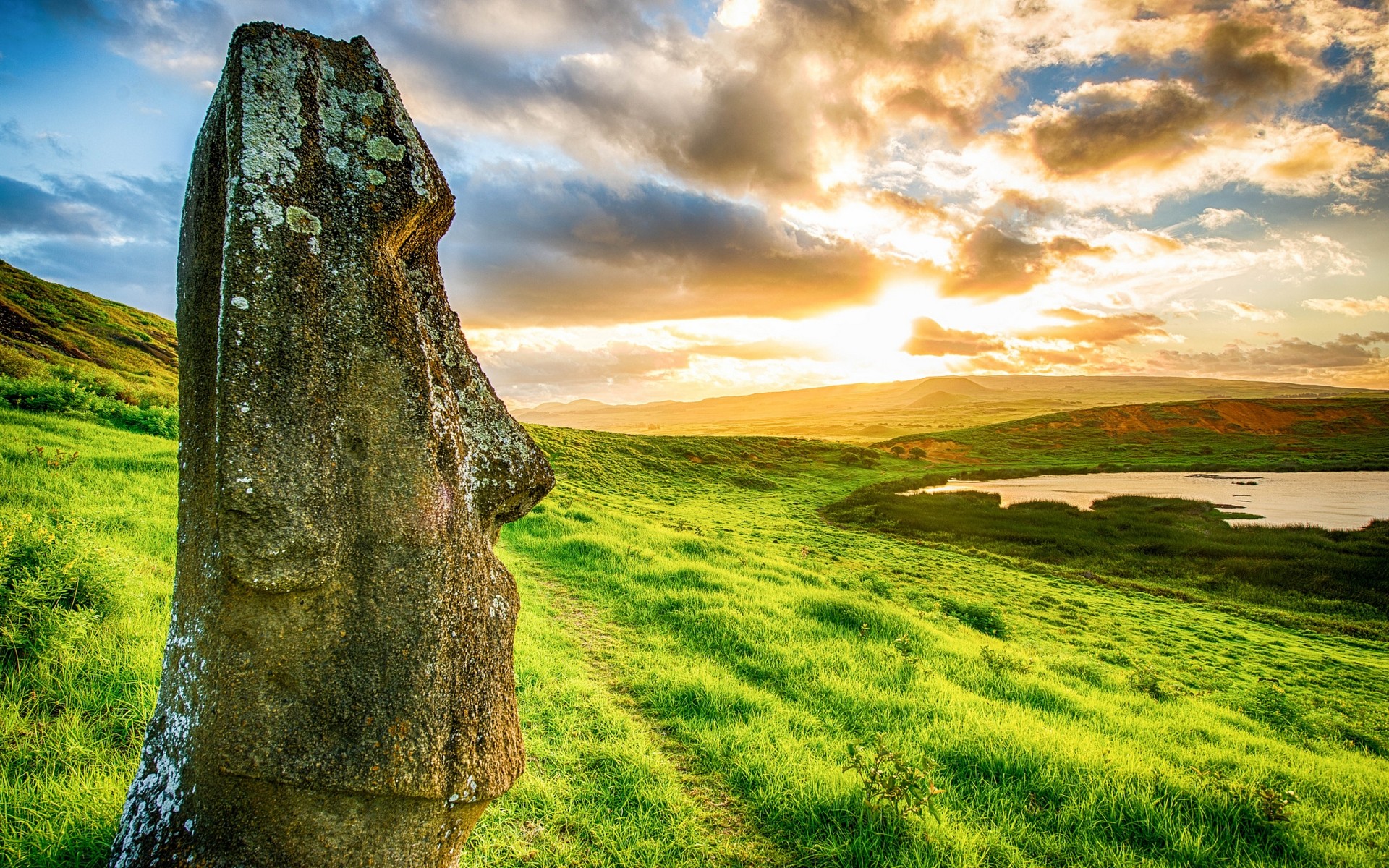 Landscape Nature Moai Rapa Nui Easter Island Archeology Statue Sunset Beach Clouds Sea Chile Grass E 1920x1200