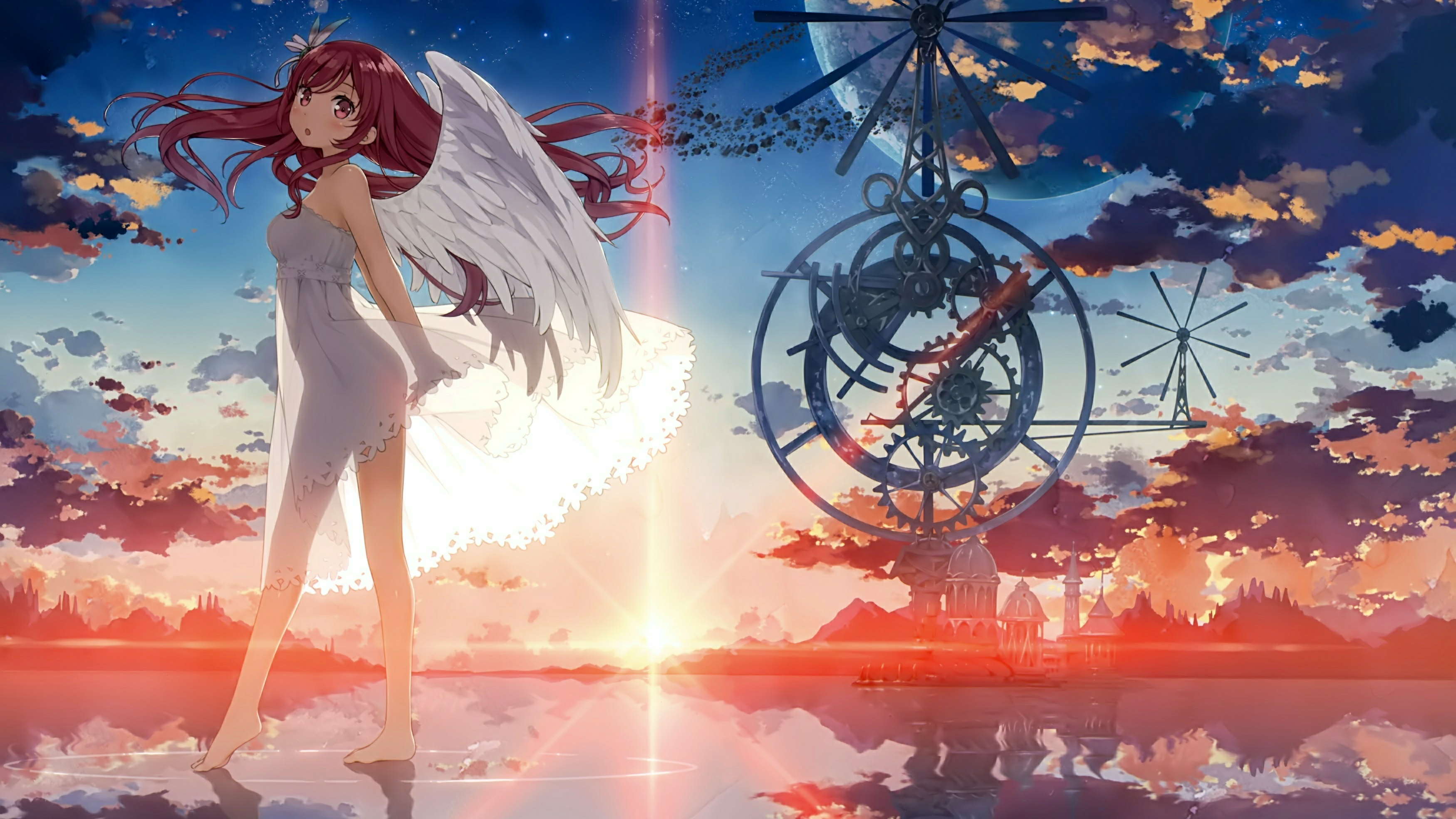 Kurumi Kantoku Sunset Anime Girls Anime Standing Legs Sky Wings Barefoot 3500x1968