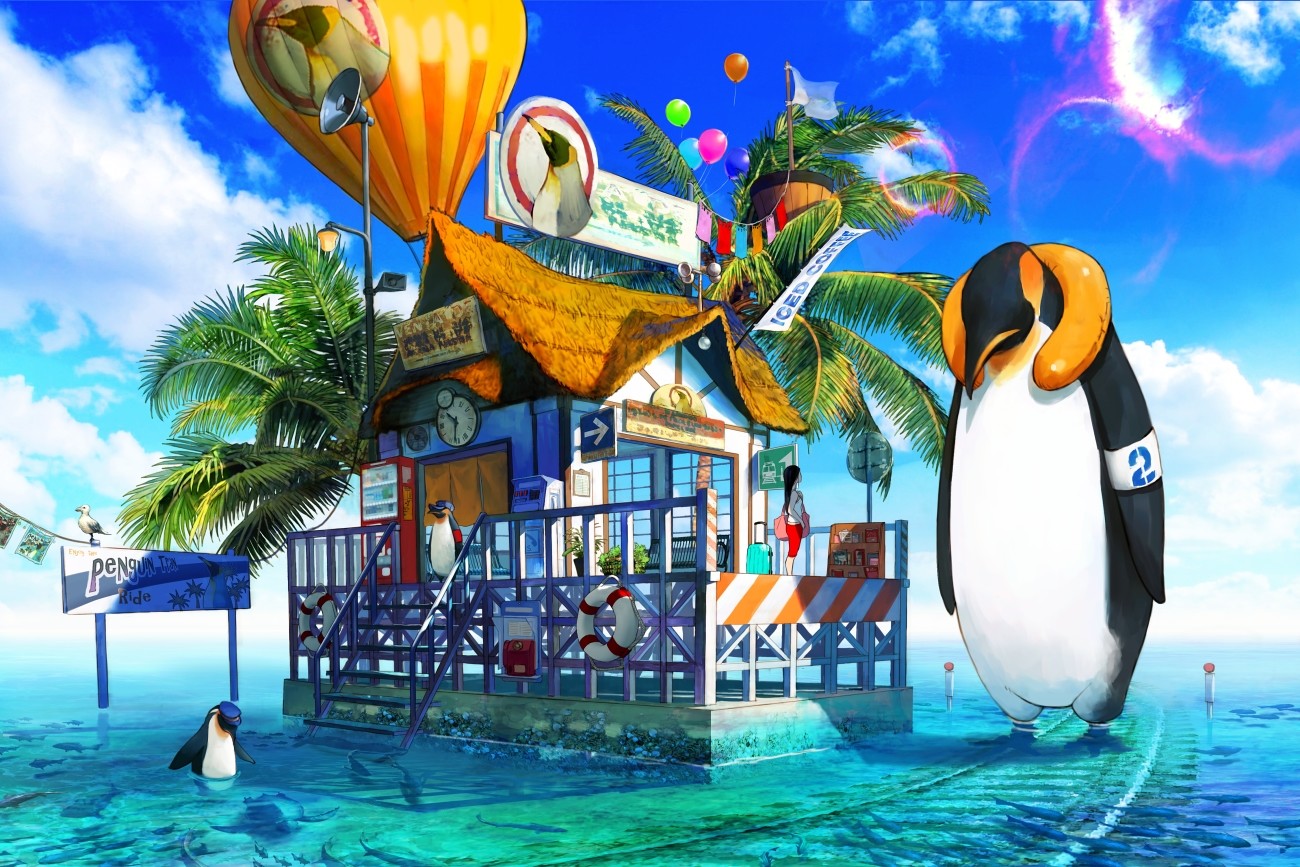 Kyoung Hwan Kim Penguins Sea Tropical Railroad Track Palm Trees Artwork Sea Gulls Balloon Anime Colo 1300x867