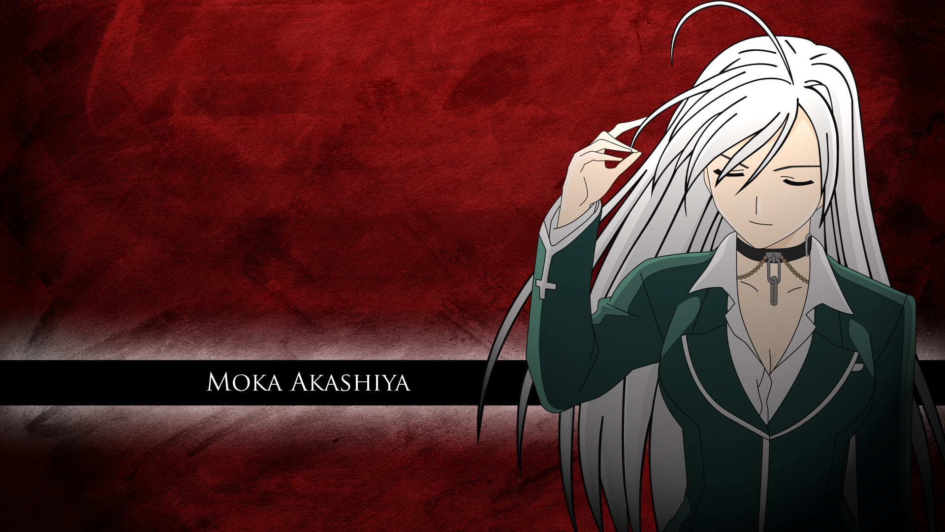 Akashiya Moka Rosario Vampire Red Background Necklace Anime Girls Anime White Hair Vampires 1920x1080