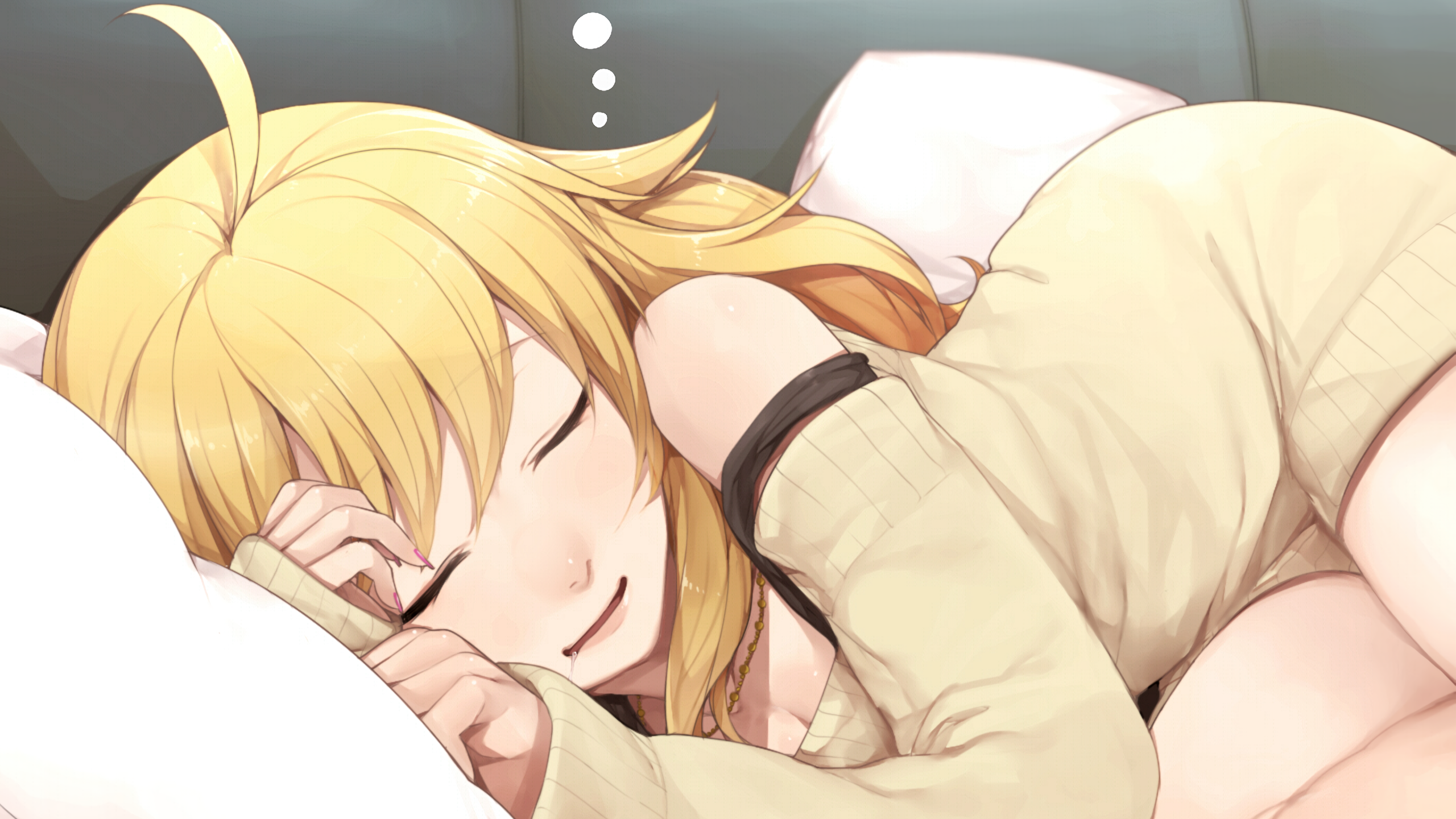THE IDOLM STER Hoshii Miki Ahoge Bare Shoulders Blonde Closed Eyes Couch Drooling Long Hair Lying Do 2560x1440