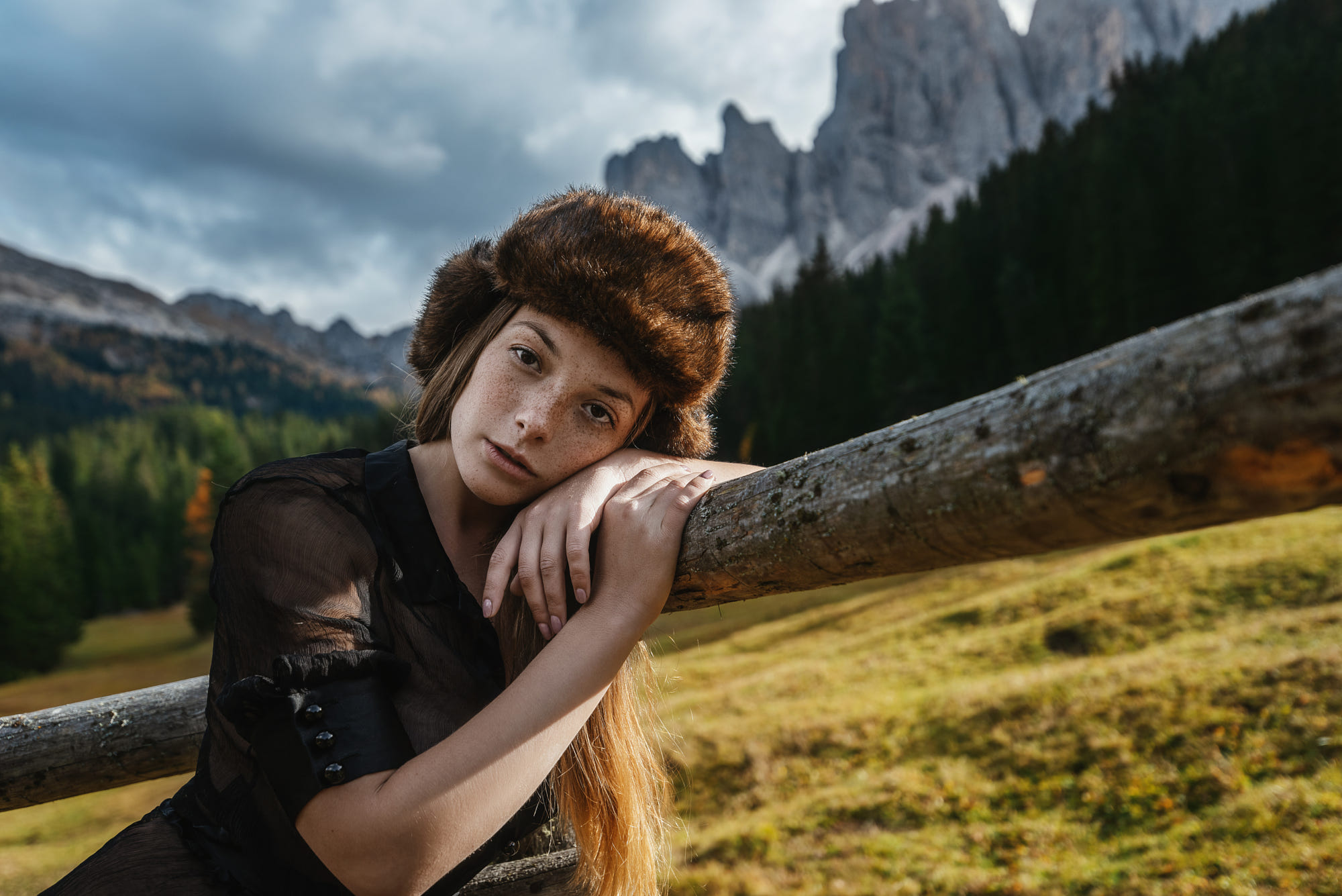 Tatiana Mertsalova Women Women Outdoors Fur Cap Long Hair Mountains Trees Forest Freckles Dress Blac 2000x1335