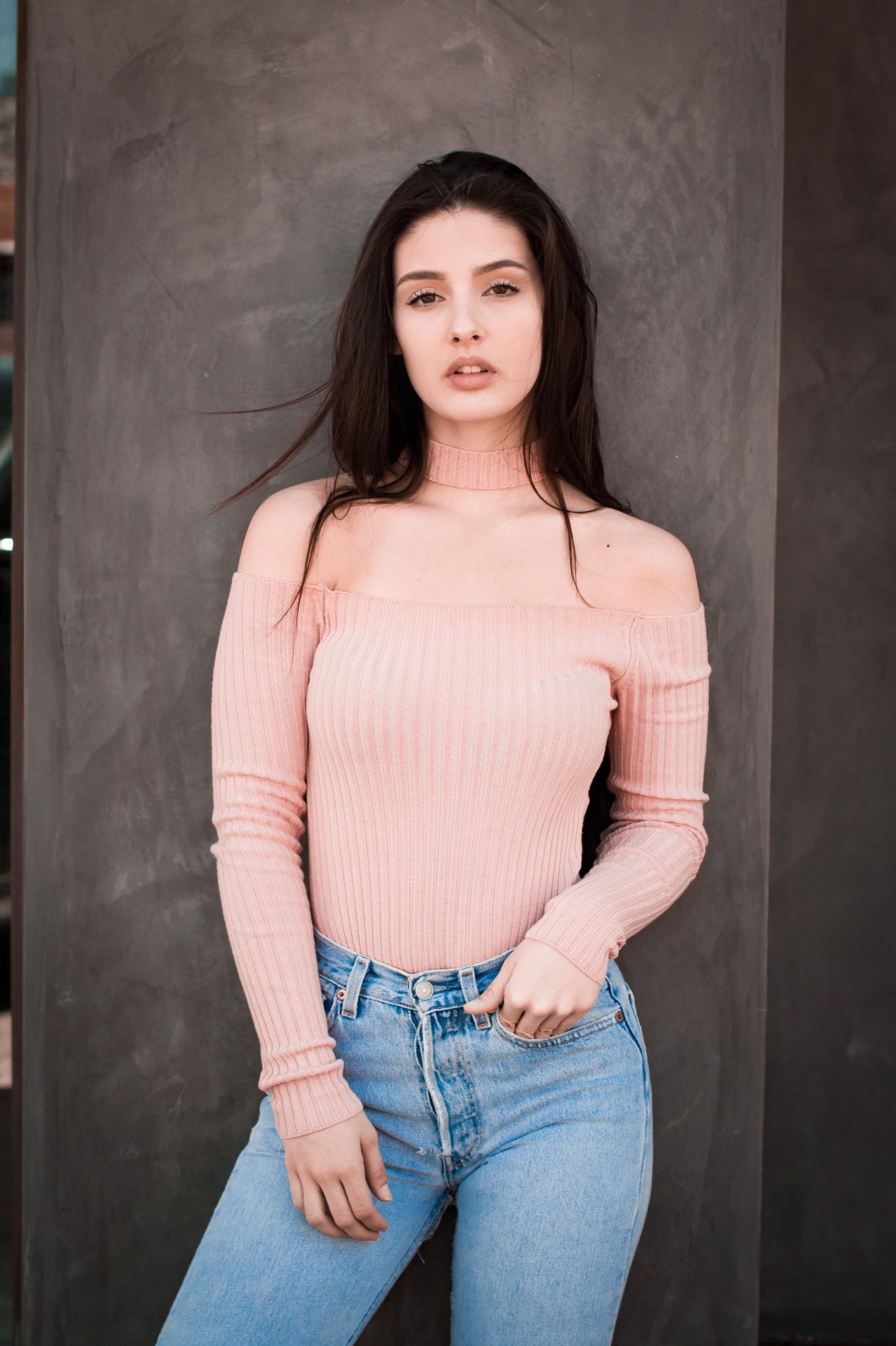 Natalie Gibson Model Pink Sweater Jeans Brunette Long Hair Women Looking At Viewer Open Mouth Brown  1364x2048