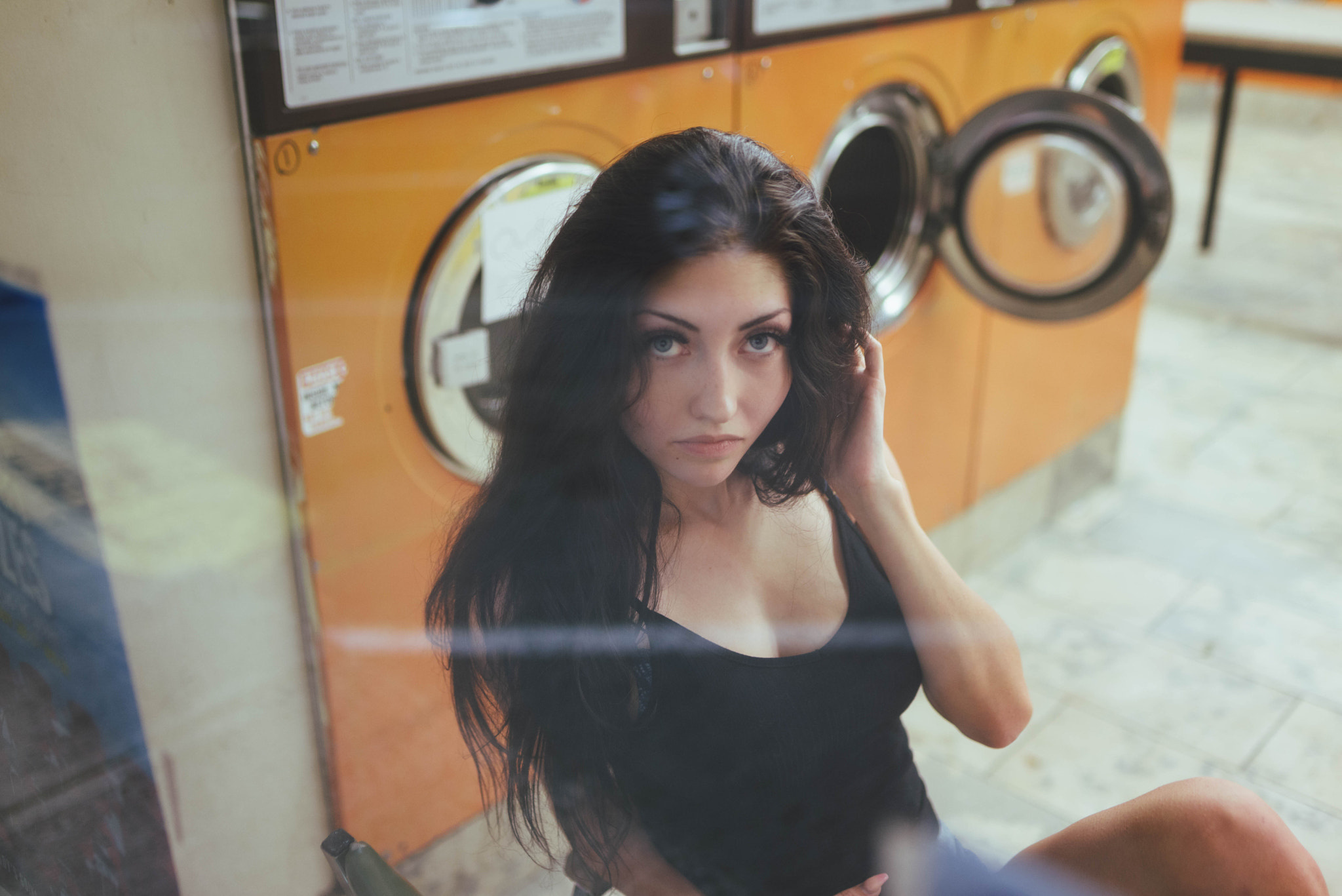 Washing Machine Women Face Dark Hair Model Lens Flare Looking At Viewer Hands In Hair Sitting Laundr 2048x1367