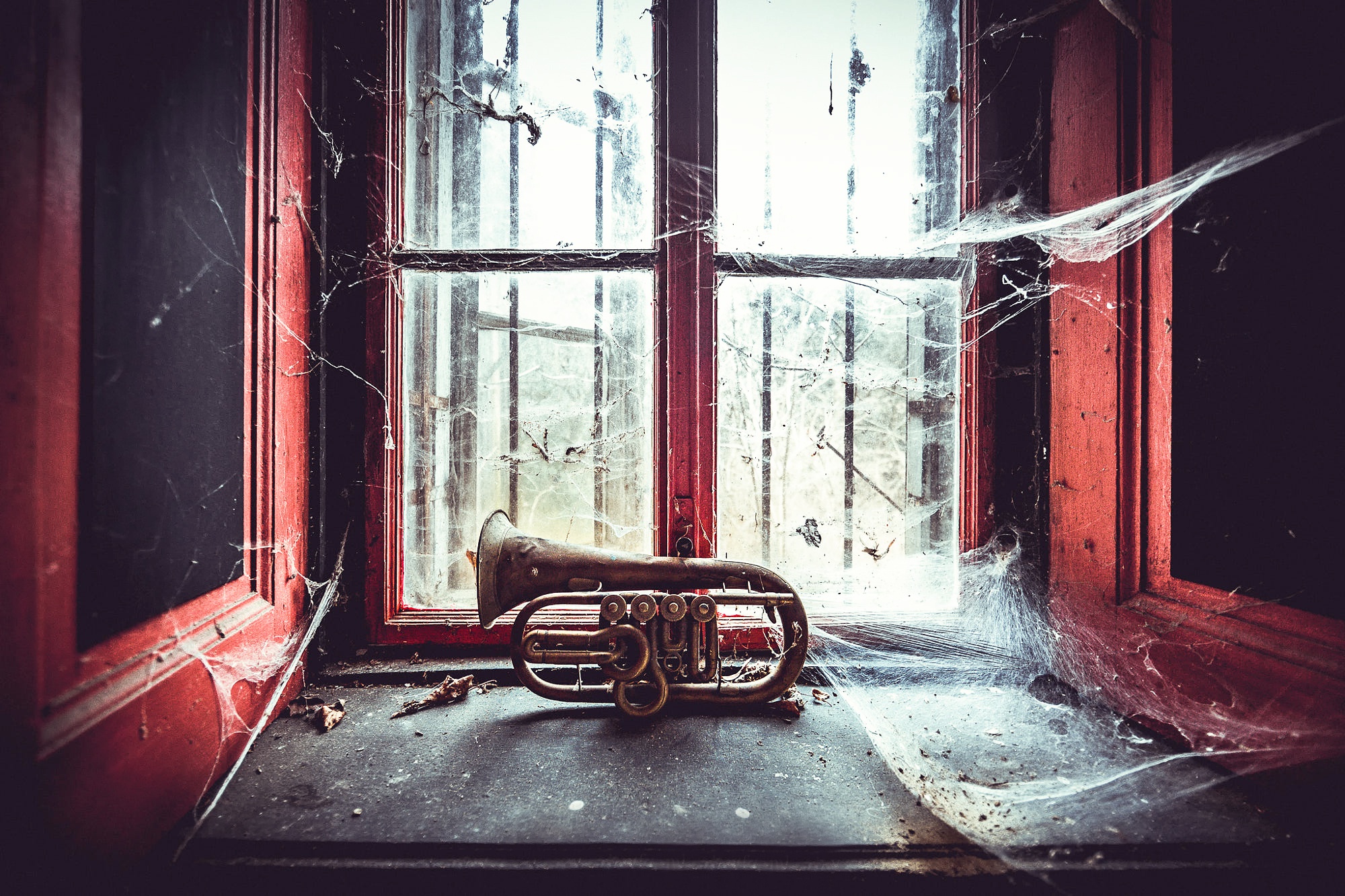 Musical Instrument Window Spider Webs Abandoned Spiderwebs Red 2000x1333