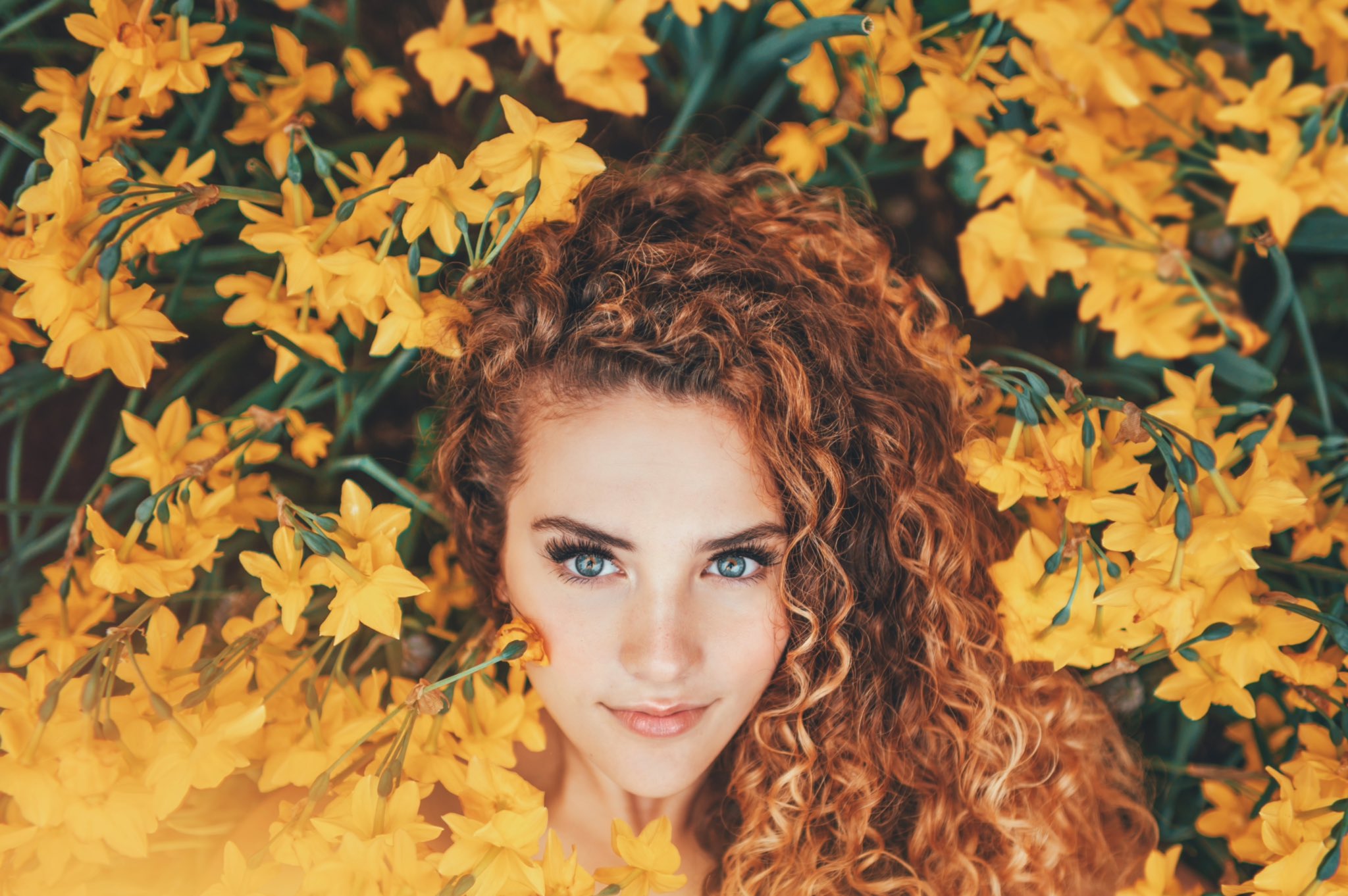Women Women Outdoors Yellow Flowers Sofie Dossi Blue Eyes Redhead Face Curl...