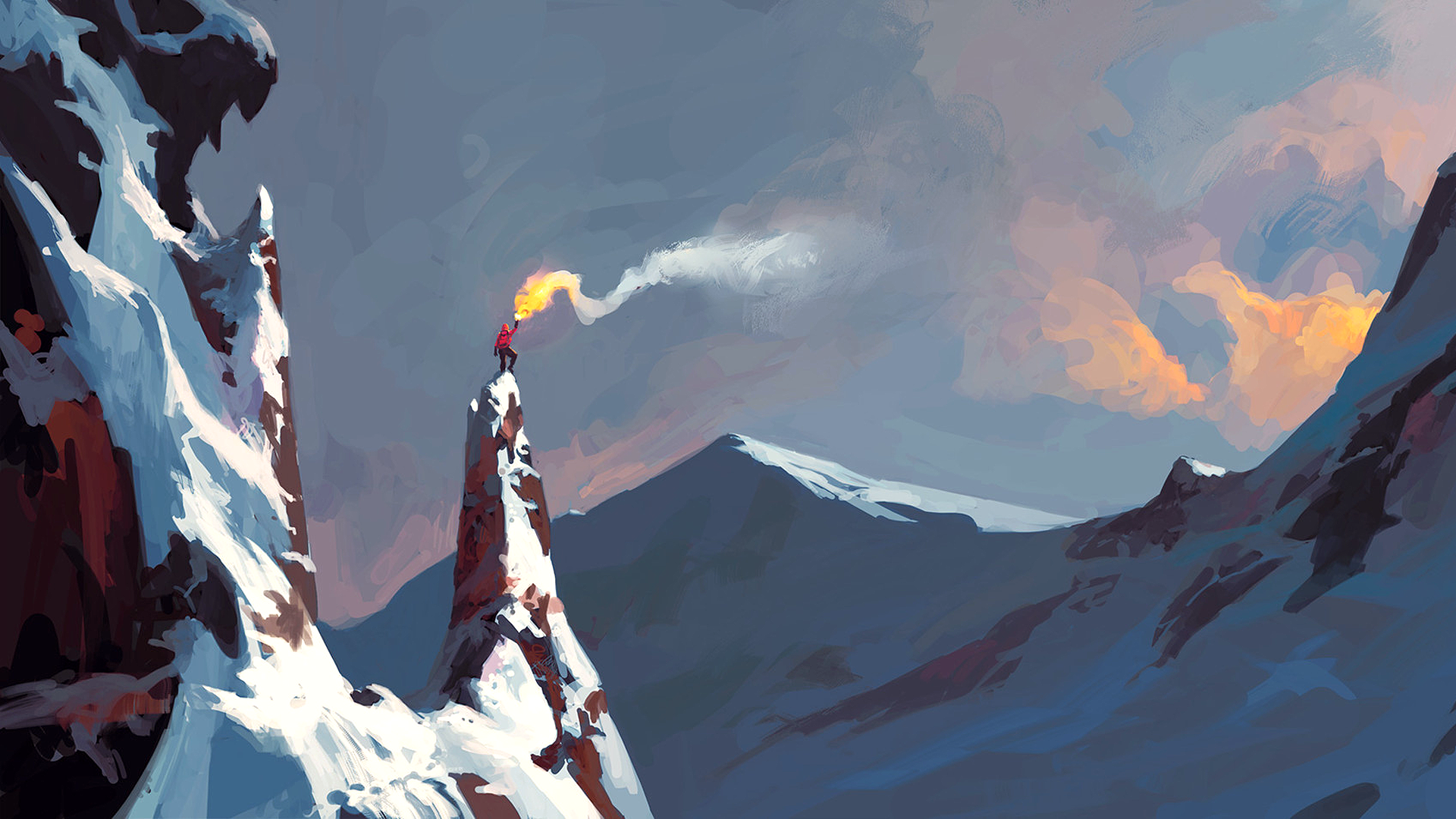 Andreas Rocha Artwork Digital Art Mountains Landscape Fire Alone Standing Climbing 1920x1080