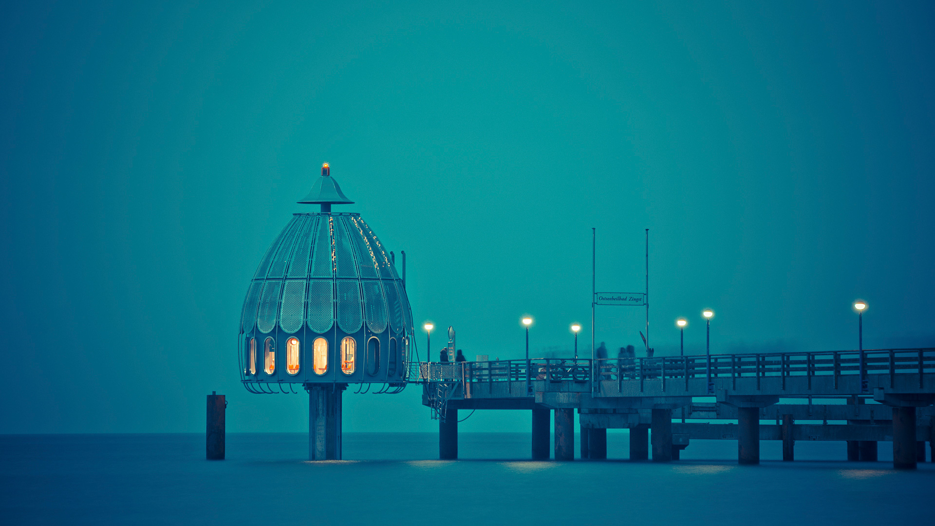 Lights Gazebo Water Teal Pier Blue Sky Turquoise 1920x1080