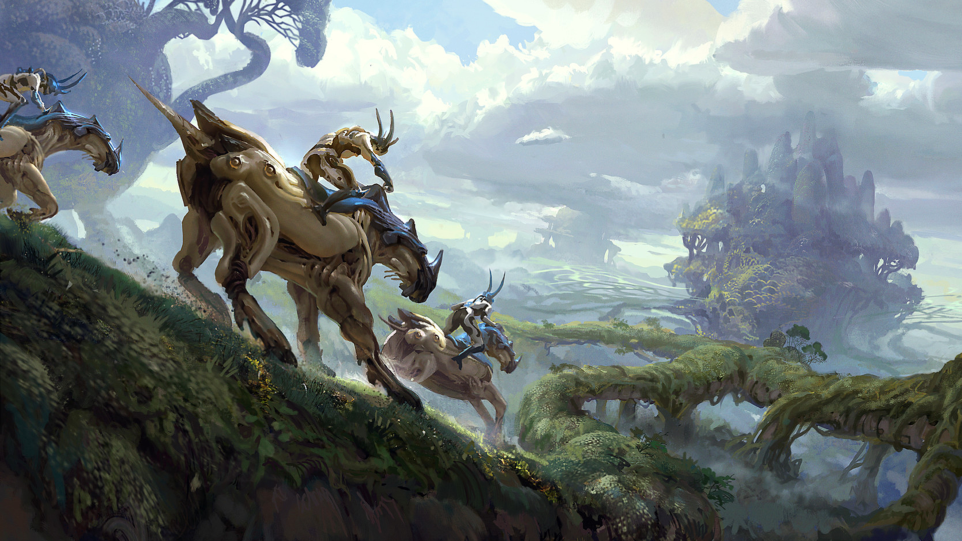 Tyler Edlin Digital Art Artwork Fantasy Art Creature Riding On Back Trees Clouds 1920x1080