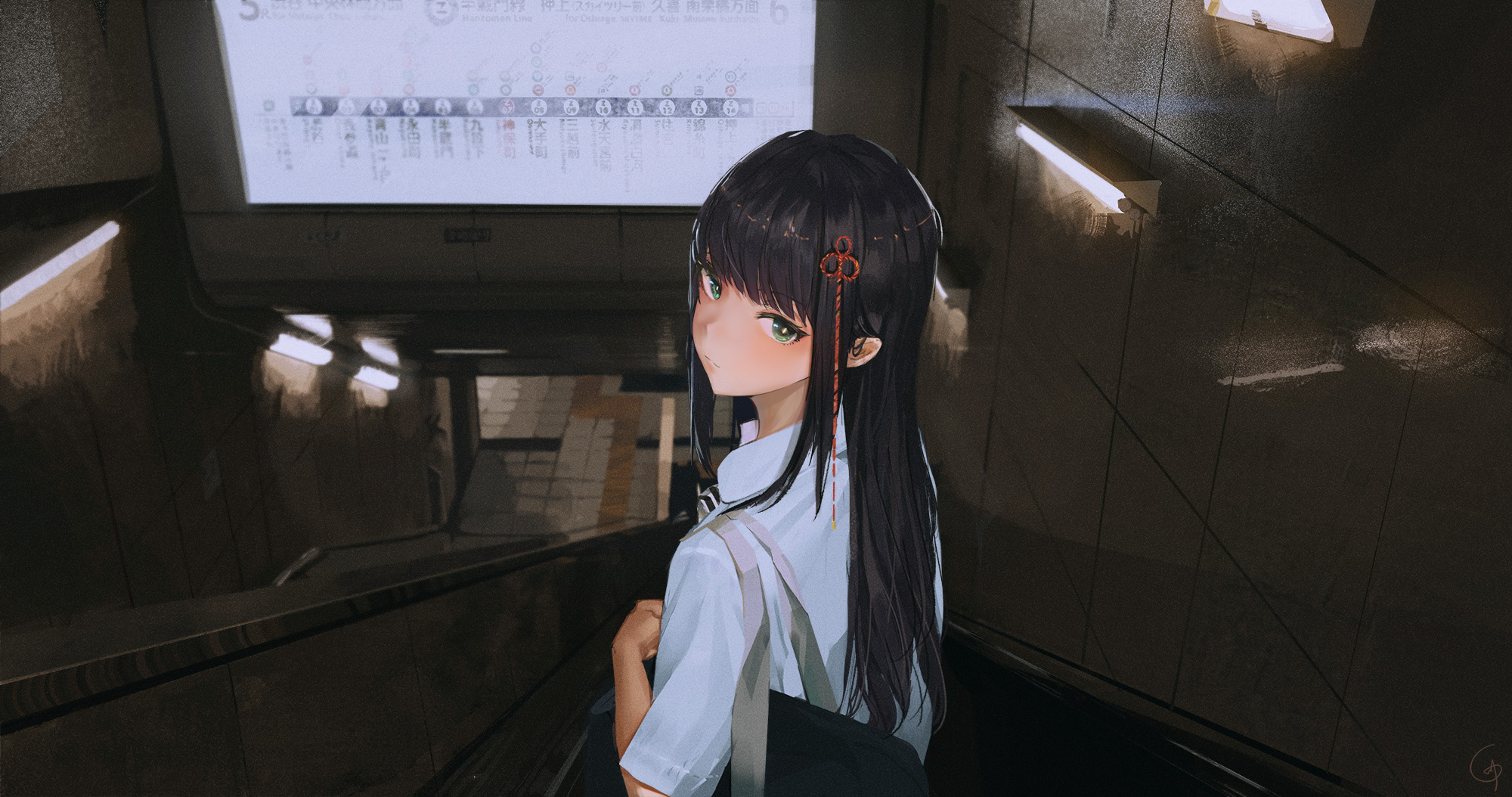 Black Hair Escalator Green Eyes Long Hair School Uniform Train Station Persona 5 Hifumi Togo 2000x1054