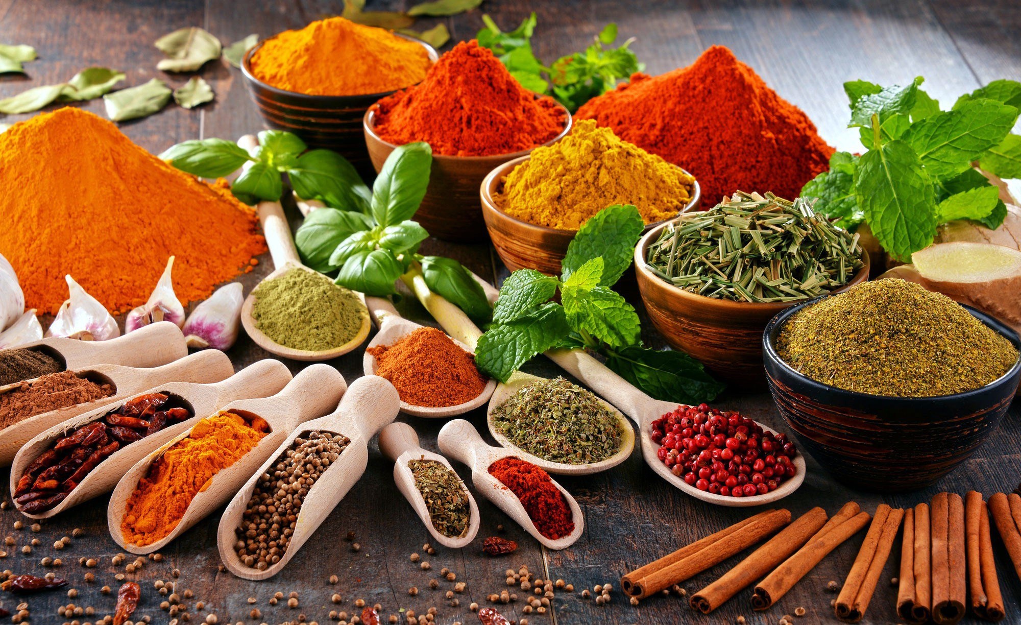 Food Colorful Spices Cinnamon Paprika Spice Mint Leaves Turmeric 2000x1224