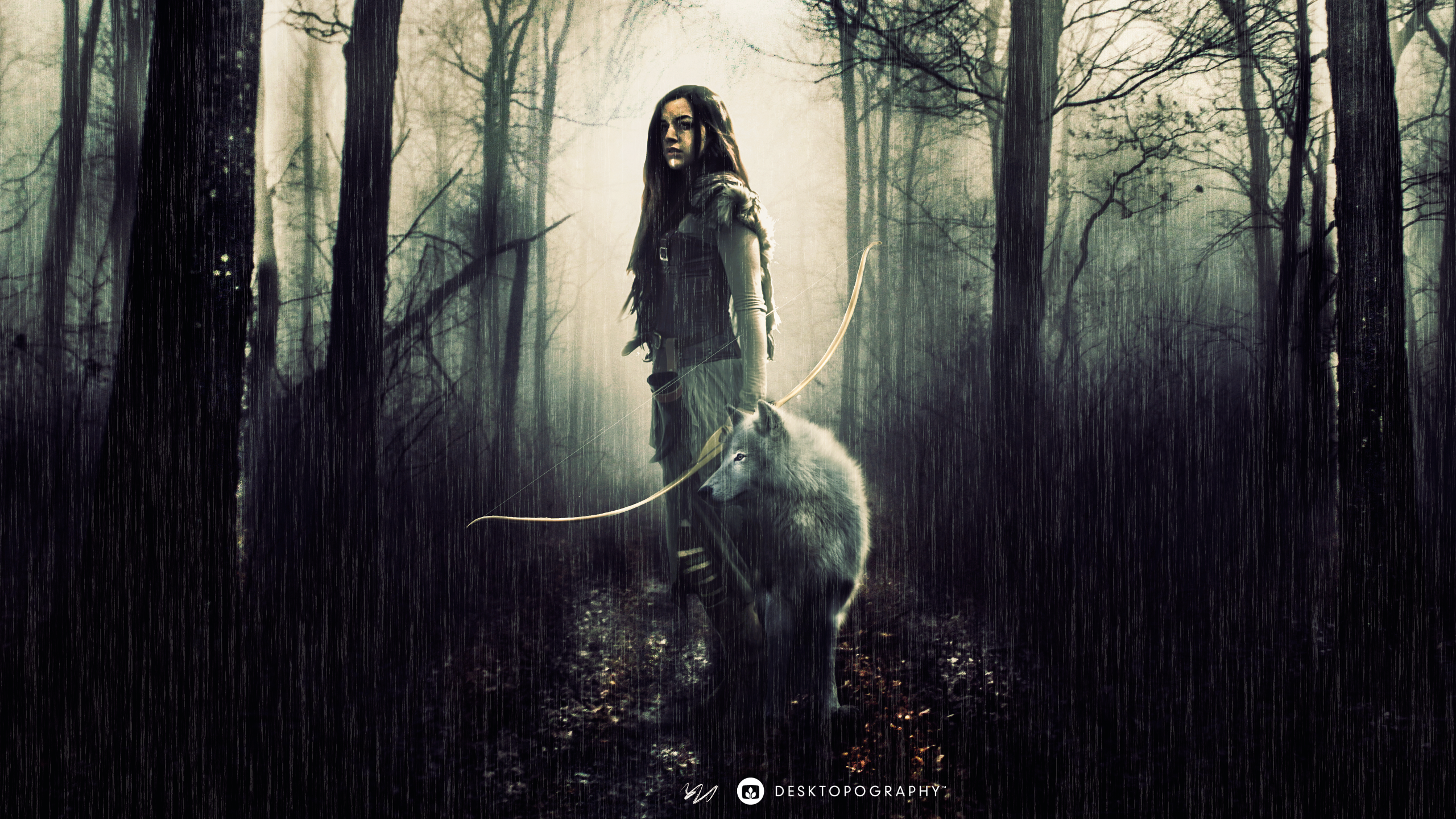 Desktopography Photoshop Digital Fantasy Art Hunt Wolf Huntress Hunter Forest Rain People Hunting Cr 2560x1440