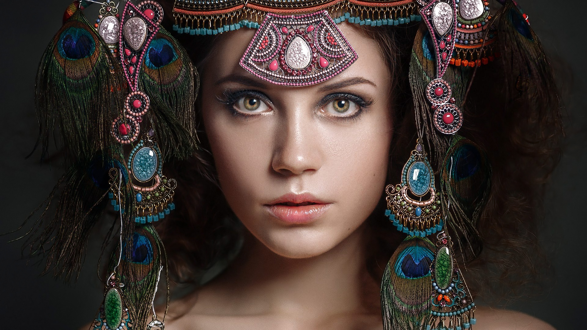 Ksenia Kokoreva Women Jewelry Hair Accessories Feathers Gems Makeup Eyeshadow Eyeliner Brown Eyes Lo 1920x1080