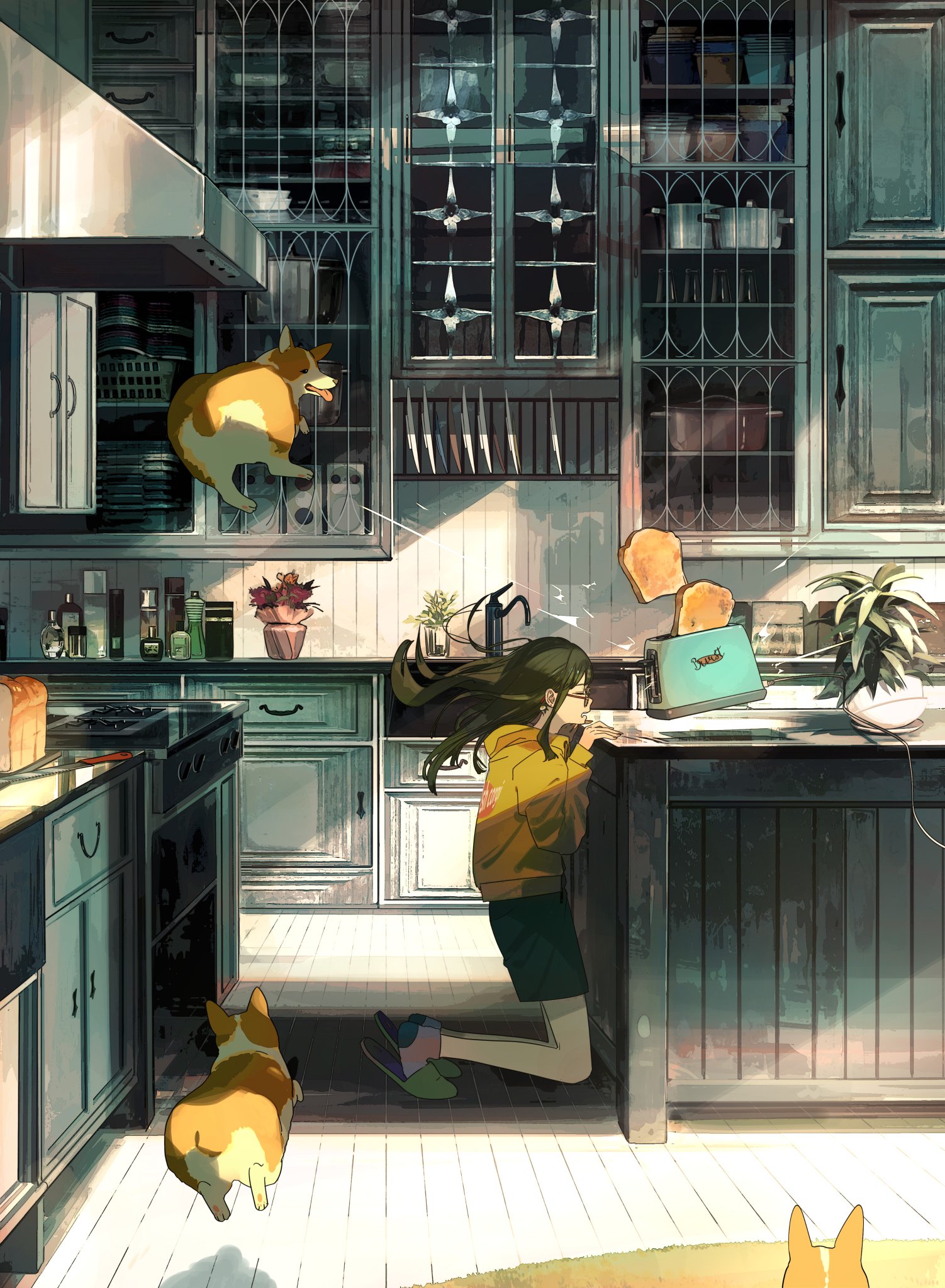 Dog Toast Wind Bread Kitchen Toaster Anime Brunette 1502x2048