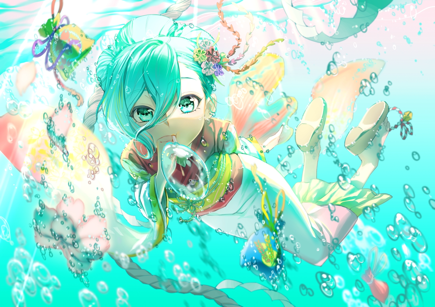 Hatsune Miku Anime Green Eyes Green Hair Japanese Clothes Kimono Underwater Water Wallpaper 