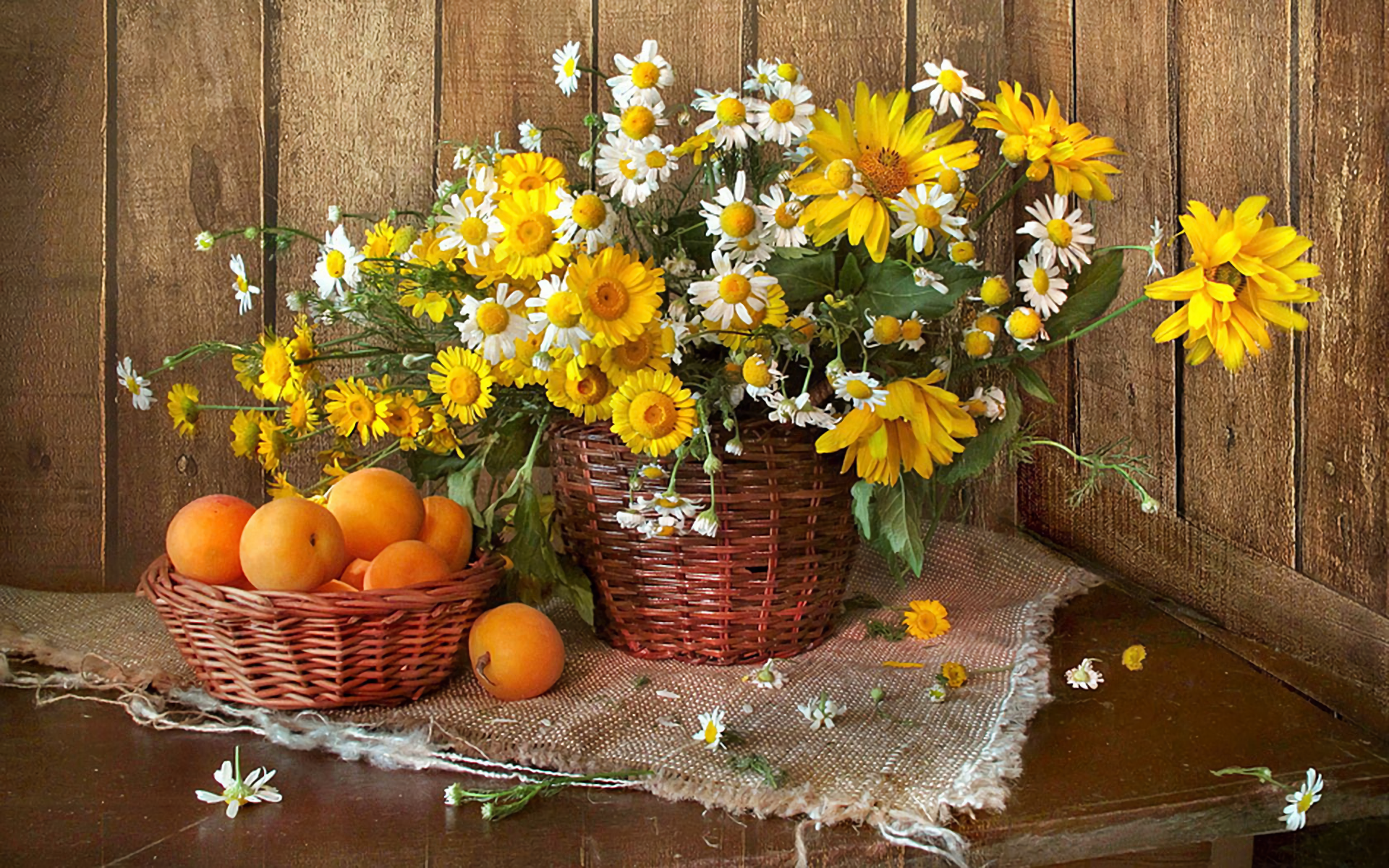 Still Life Flower Daisy Vase Wicker Fruit White Flower Yellow Flower 1920x1200