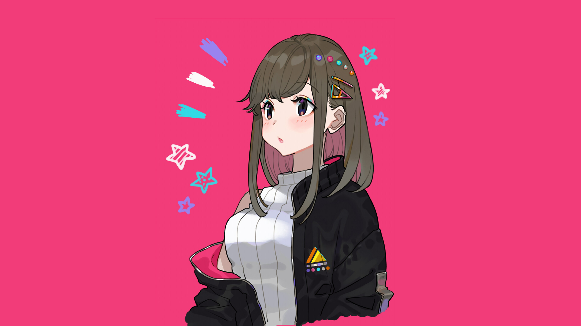 Anime Girls Anime Original Characters Pink Background Brunette Blushing Hair Pins Sweater Jacket Por 1920x1080