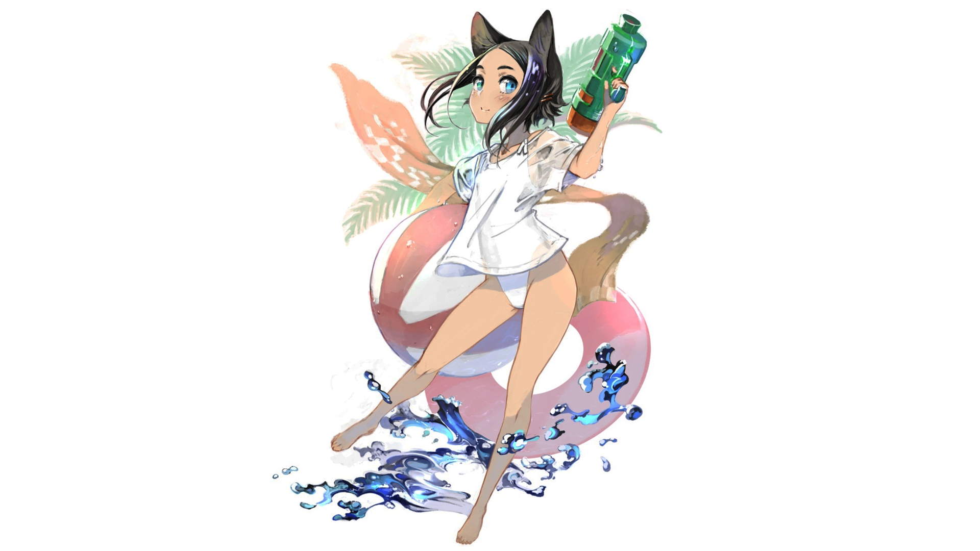 Anime Manga Anime Girls Minimalism White Background Nekomimi Water Guns Beach Summer 1920x1080
