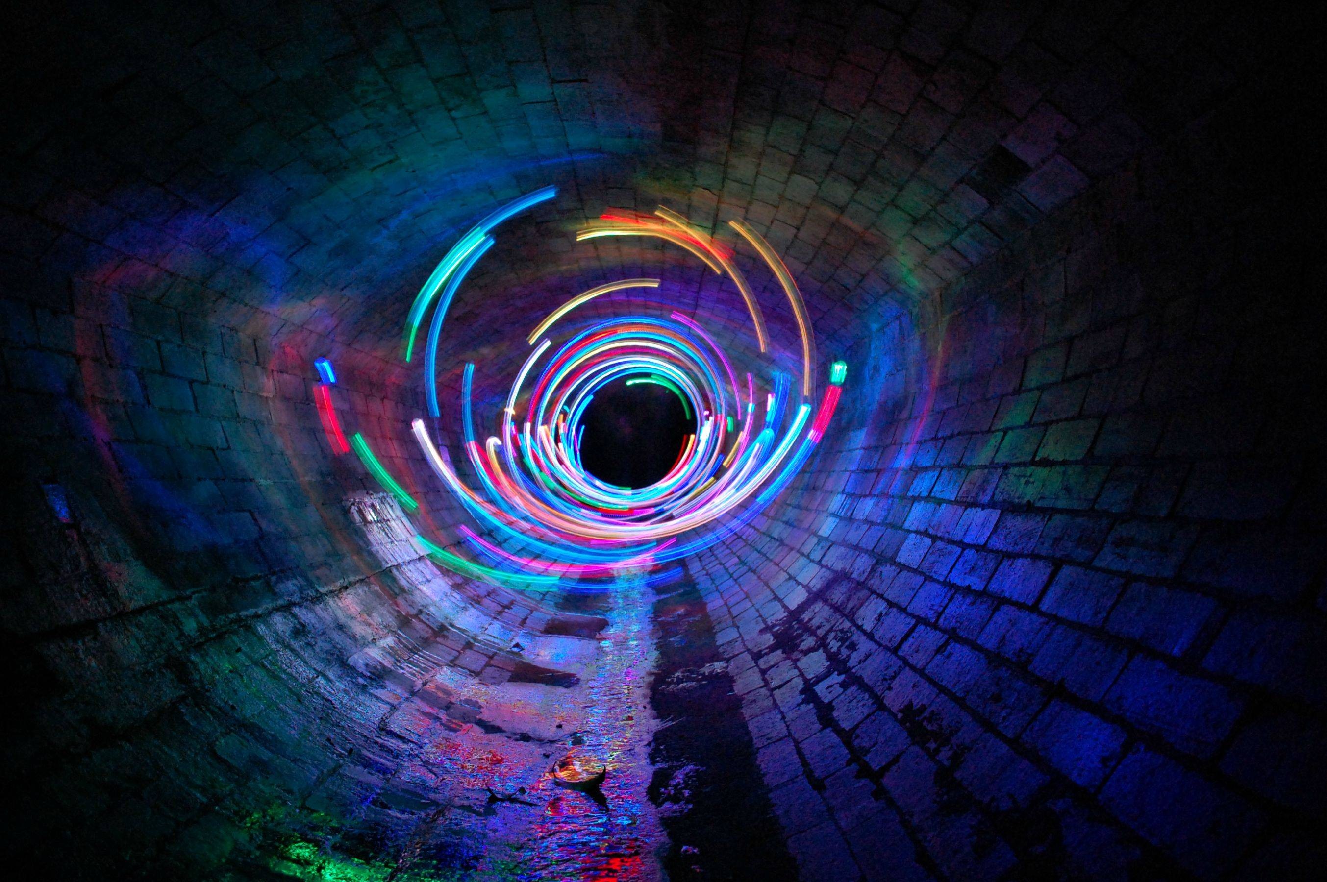 Long Exposure Sewers Light Painting Tunnel Digital Art Wall Shapes Lights Colorful 2707x1800