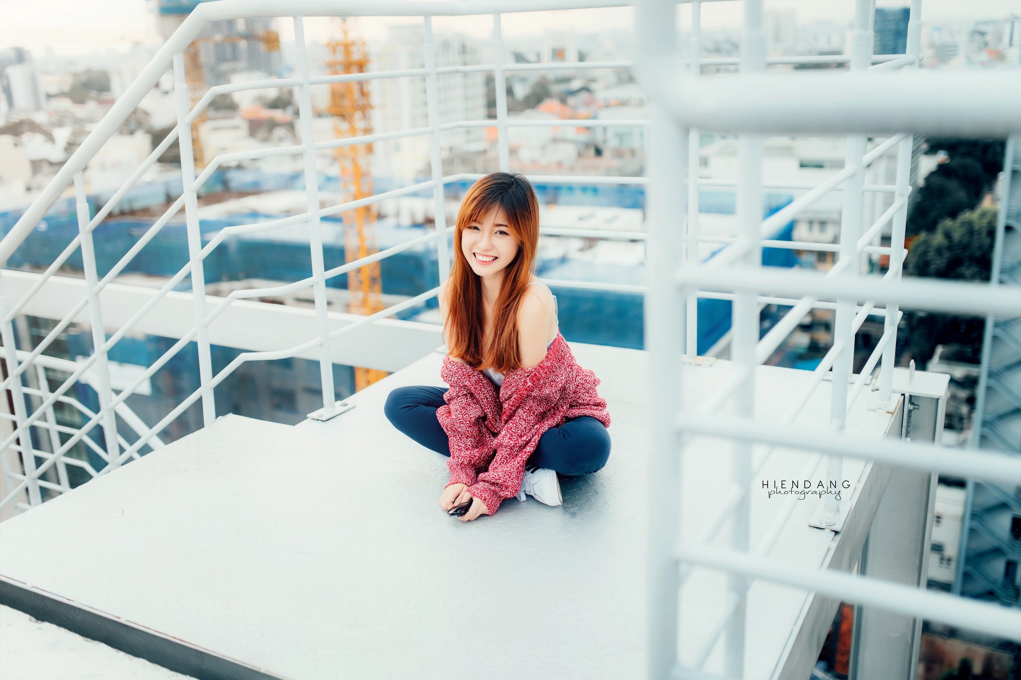 Asian Sweater Jeans Stairway Smiling Brunette White Shoes Depth Of Field 2048x1365