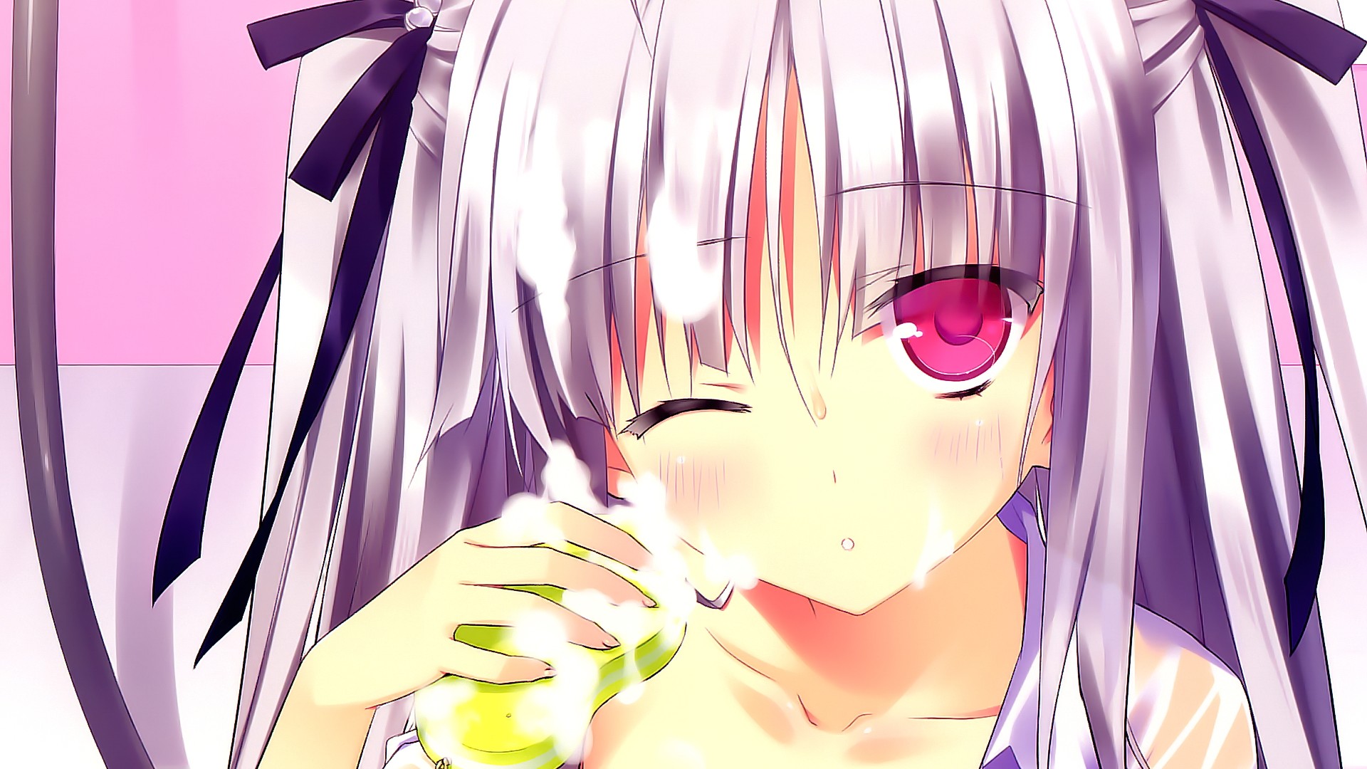 Anime Anime Girls Absolute Duo Sigtuna Julie Soap Purple Hair Pink Eyes Twintails Bathroom 1920x1080