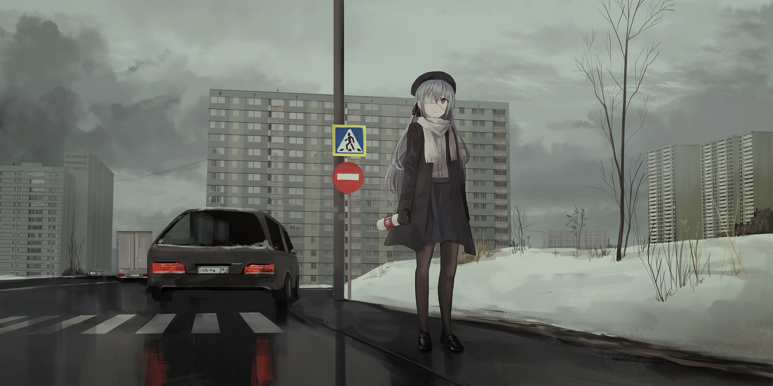Chihuri 45 City Building Russia Looking At Viewer Snow Eye Patch Gray Hair Anime Anime Girls Slavic 2500x1250