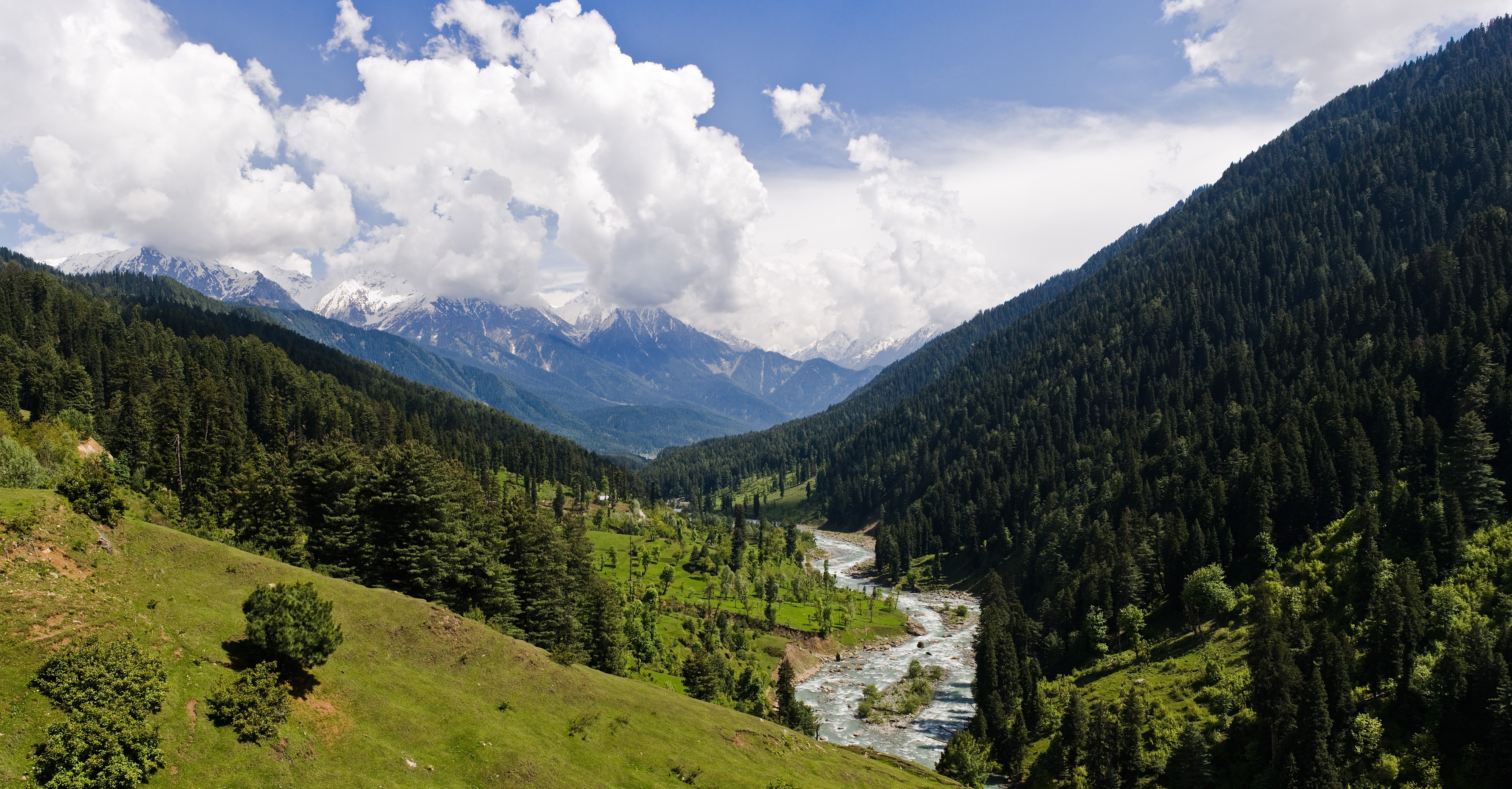 Nature Landscape Valley Kashmir Mountains Forest Grass Green Snowy Peak Clouds River Trees 4000x2087