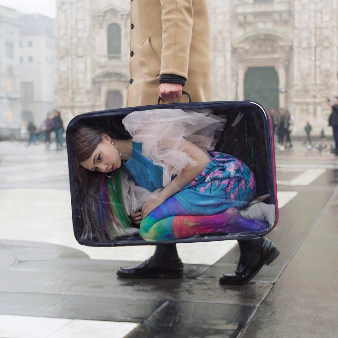 Women Model Street Dark Humor Luggage Suitcase Walking Men Colorful 1080x1080
