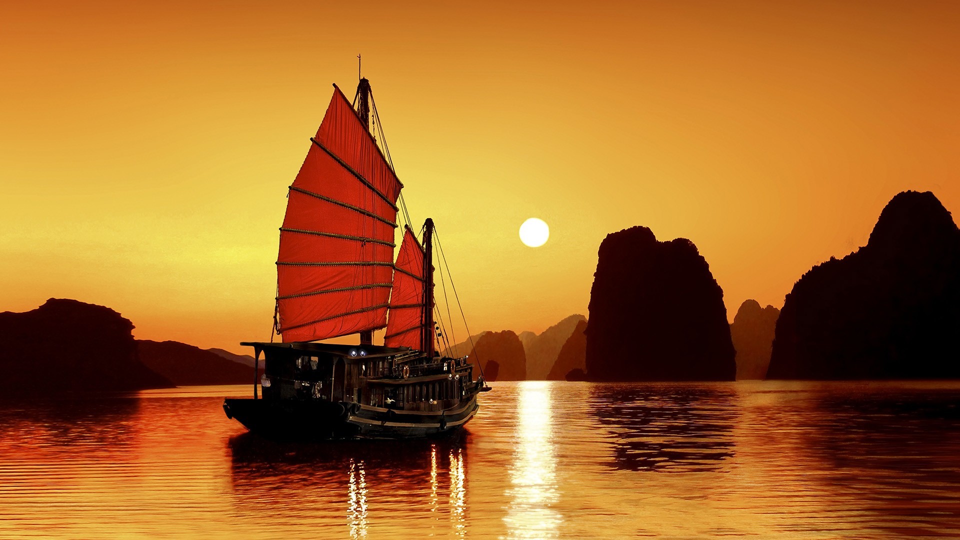 Junk Ha Long Bay Vietnam Sailing Ship Silhouette Sunset 1920x1080