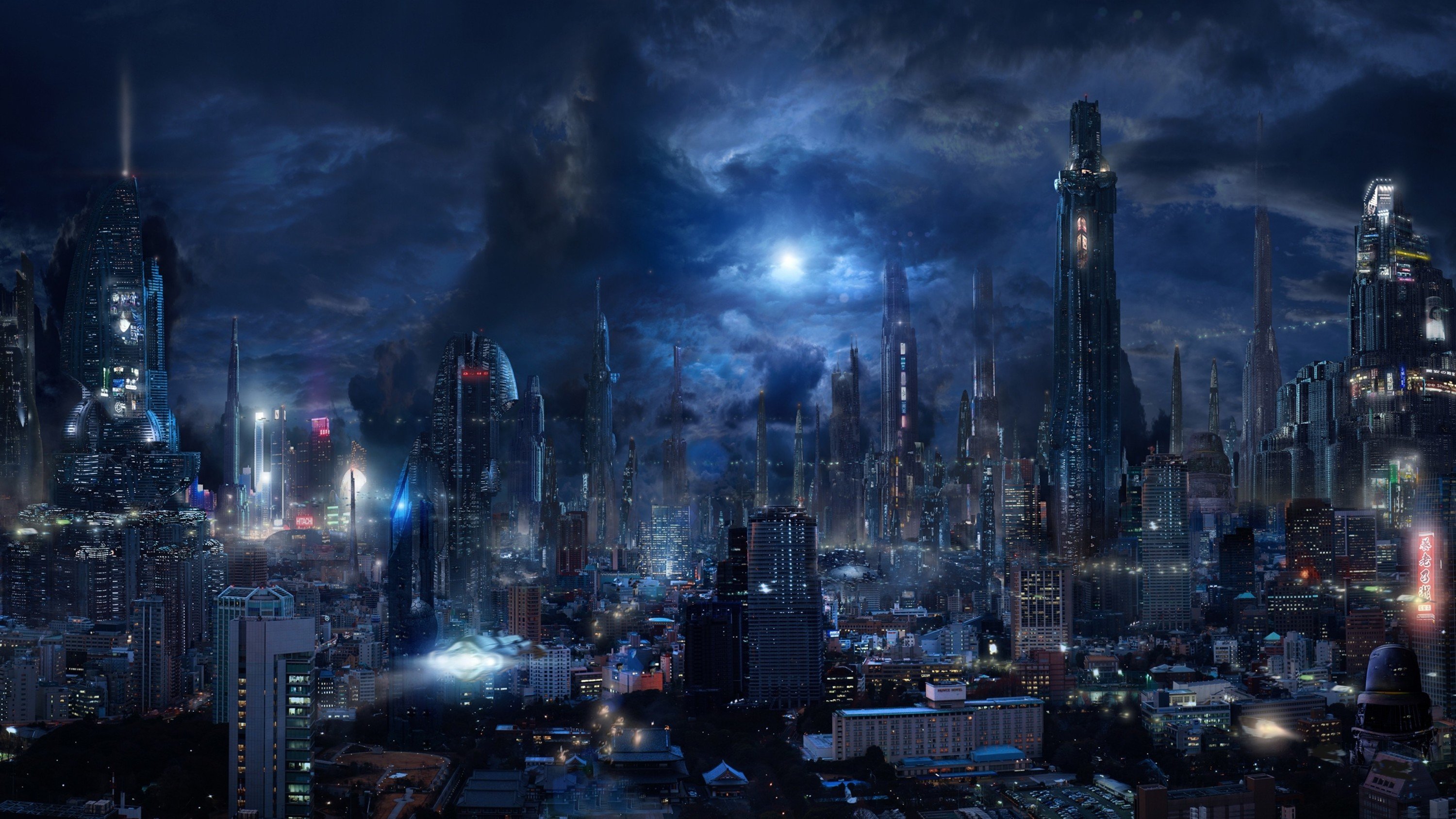 Futuristic City Moonlight Clouds Night Building Bladerunner 3000x1687