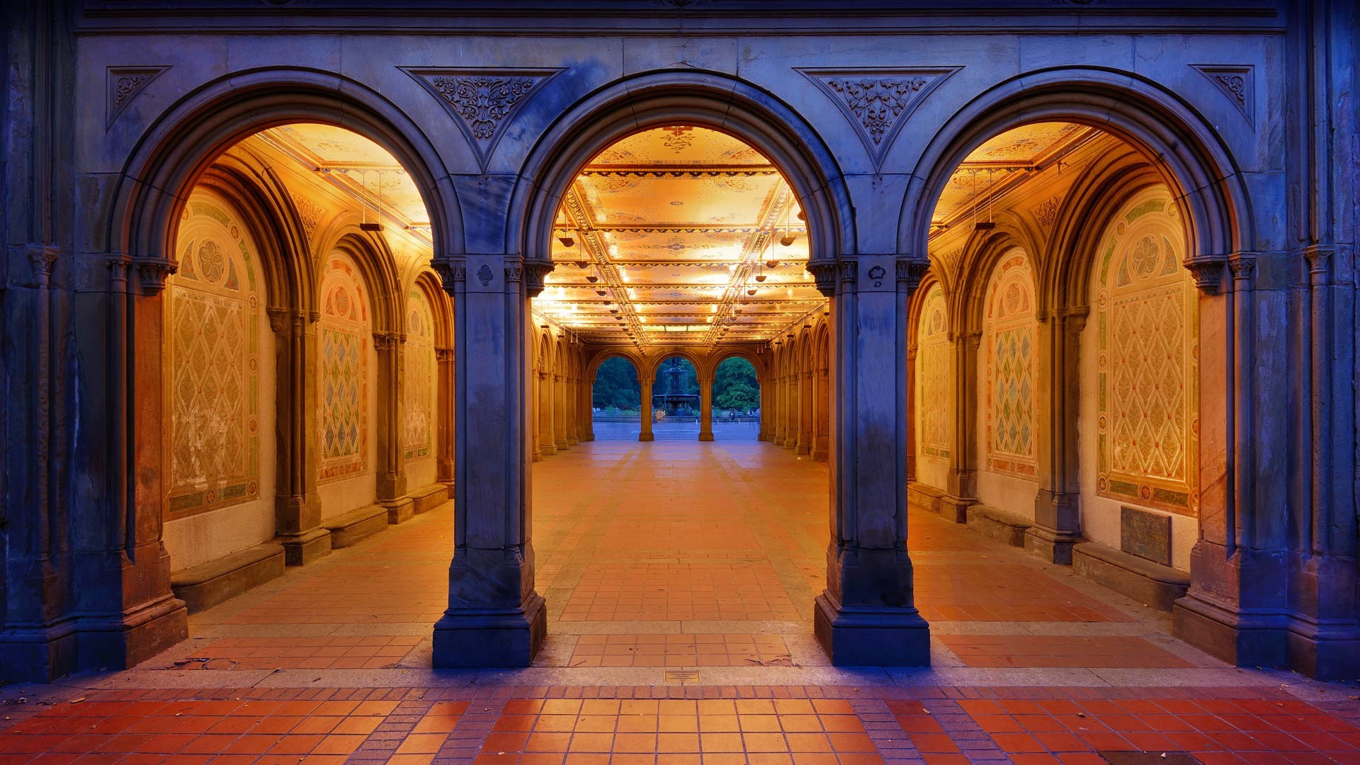 Architecture Symmetry Lights Tiles Arch Passage Trees New York City Central Park USA Fountain Water  1920x1080