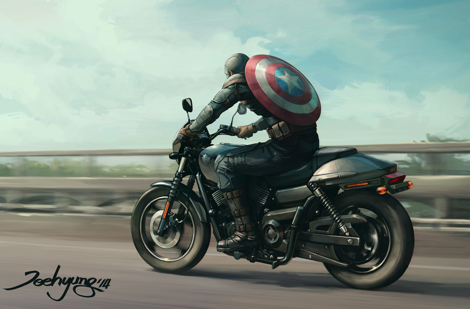 Artwork Digital Art Marvel Comics Captain America Motorcycle Lee Jeehyung Comic Art 1920x1264