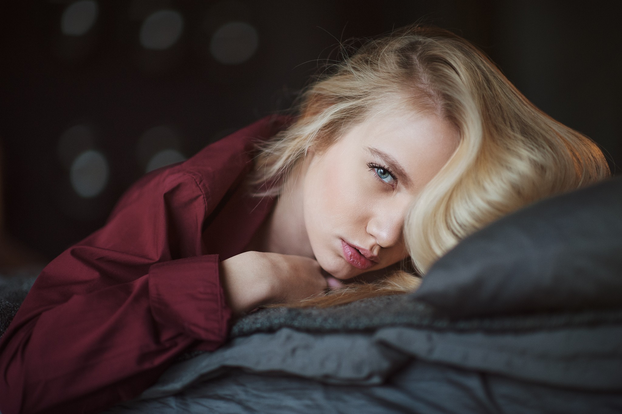 Women Maria Popova Blonde Face Portrait Maxim Maximov Red Shirt 2048x1363
