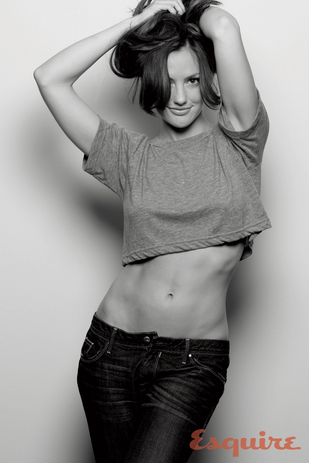 Minka Kelly Actress Women Brunette Monochrome Jeans Simple Background Arms Up Esquire 1200x1800