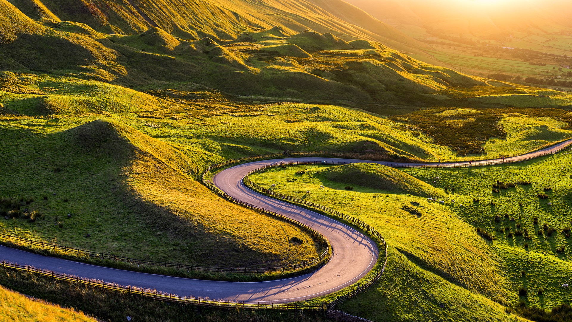 Nature Landscape Road Hairpin Turns Hills Mountains Plants Traffic Barrier Sunrise Sheep Edale Valle 1920x1080