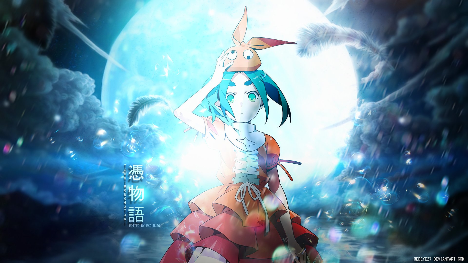 Anime Anime Girls Fan Art White Skin Monogatari Series Ononoki Yotsugi Blue Hair Bright Blue Eyes Mo 1920x1080