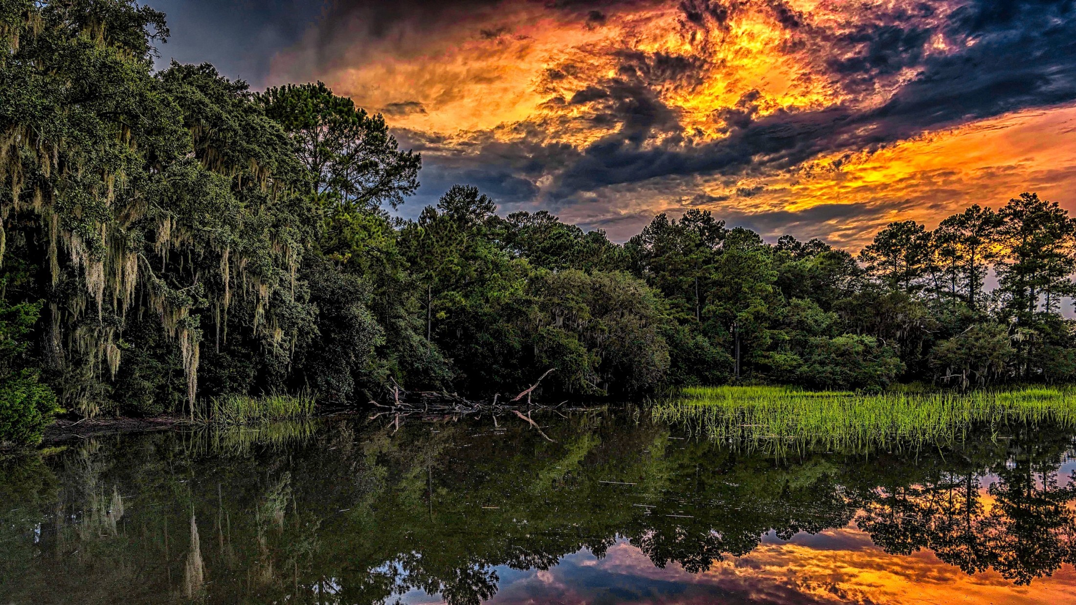 Nature Landscape Sunset HDR River Reflection Summer South Carolina Clouds Forest Sky Water Trees Fol 2200x1238