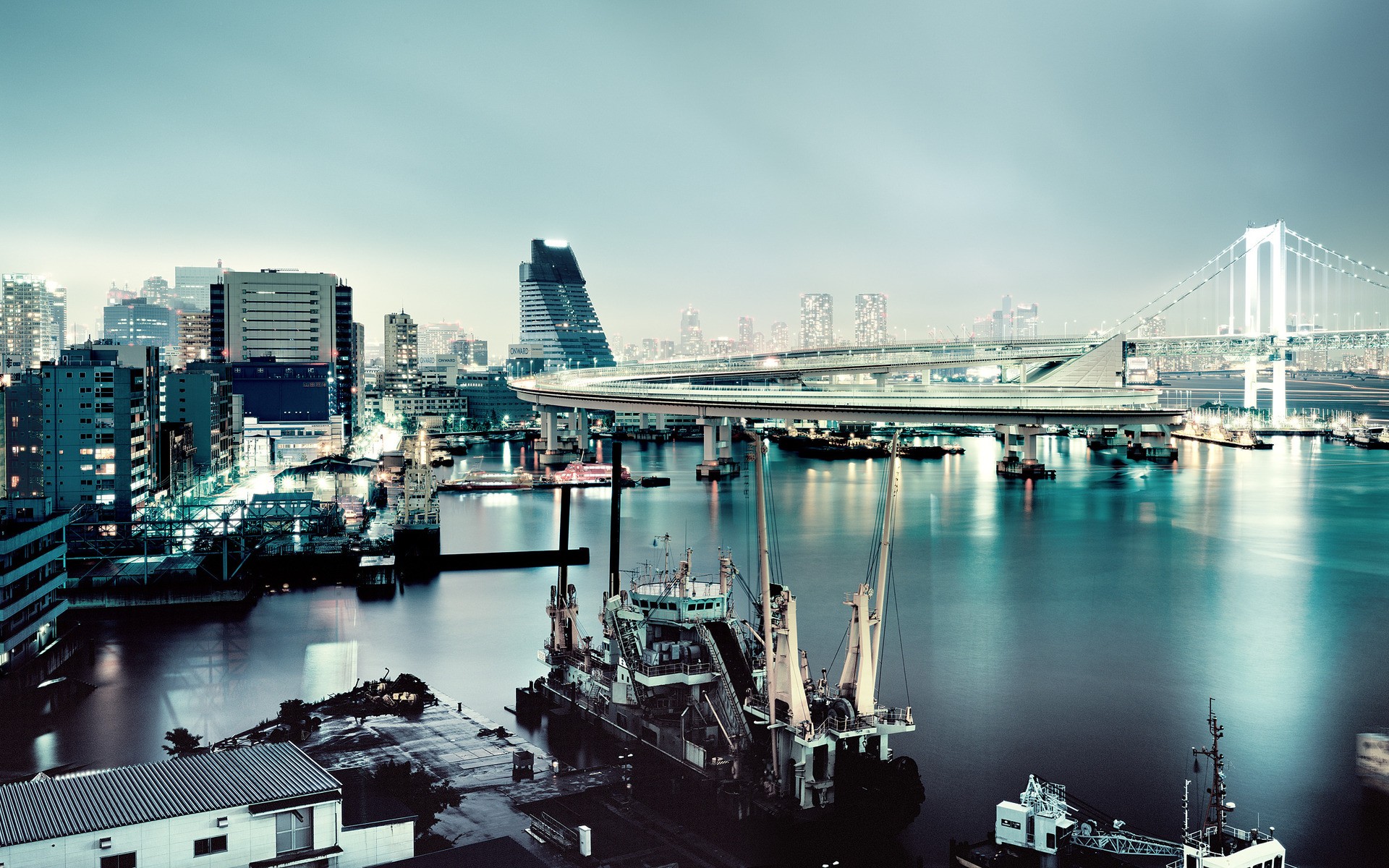 Photography Sea Water Urban Cityscape Japan Evening Lights Building Bridge Reflection Rainbow Bridge 1920x1200