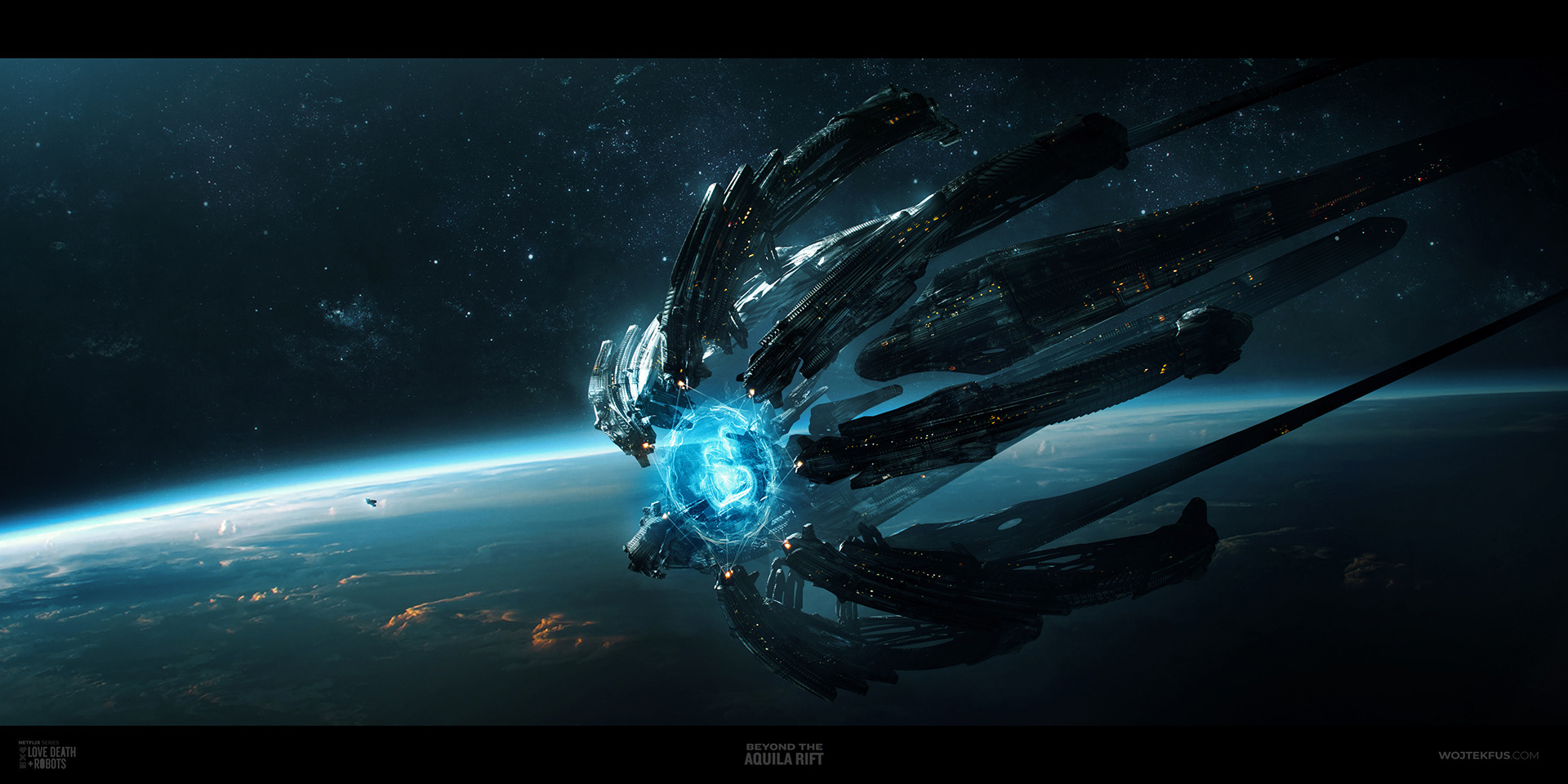 Wojtek Fus Science Fiction Love Death Robots Spaceship Stars Universe Planet Glowing Dark Orbits Blu 1920x960