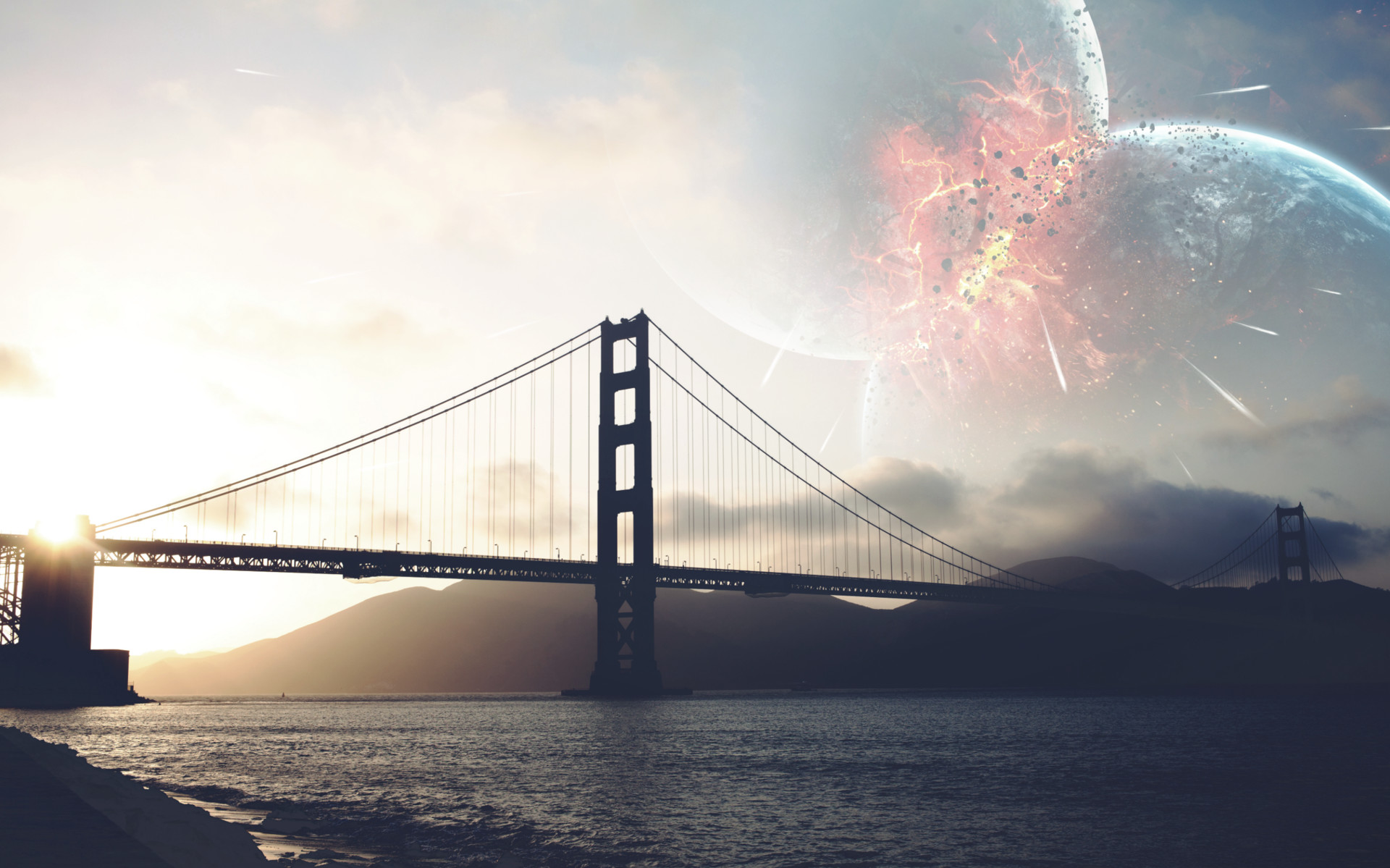 Rope Bridge Planet Sky Water Digital Art Fantasy Art Fan Art Vadim Sadovski Golden Gate Bridge 1920x1199