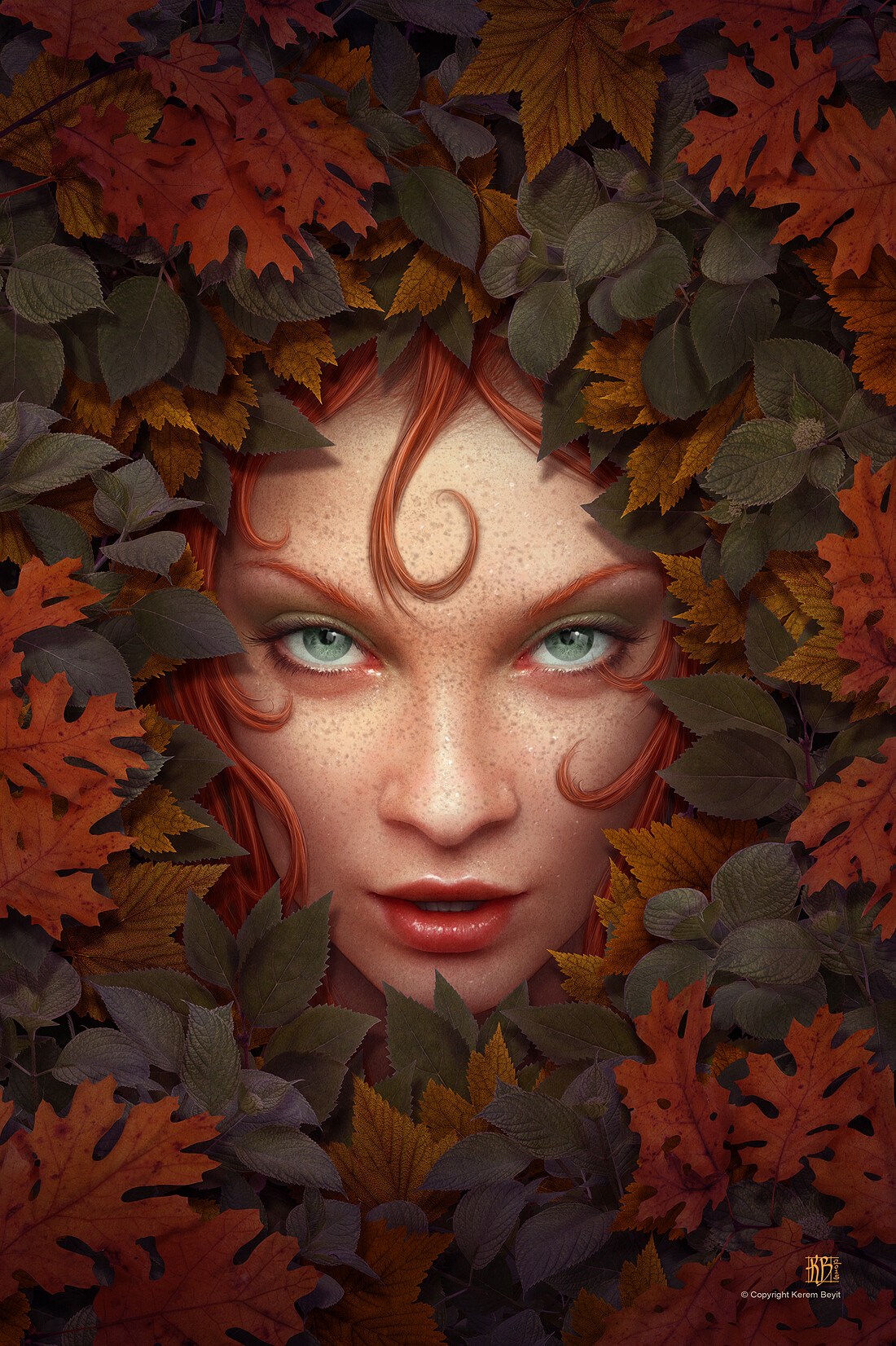 Illustration Digital Art Green Eyes Redhead Leaves Fall Kerem Beyit 1100x1652