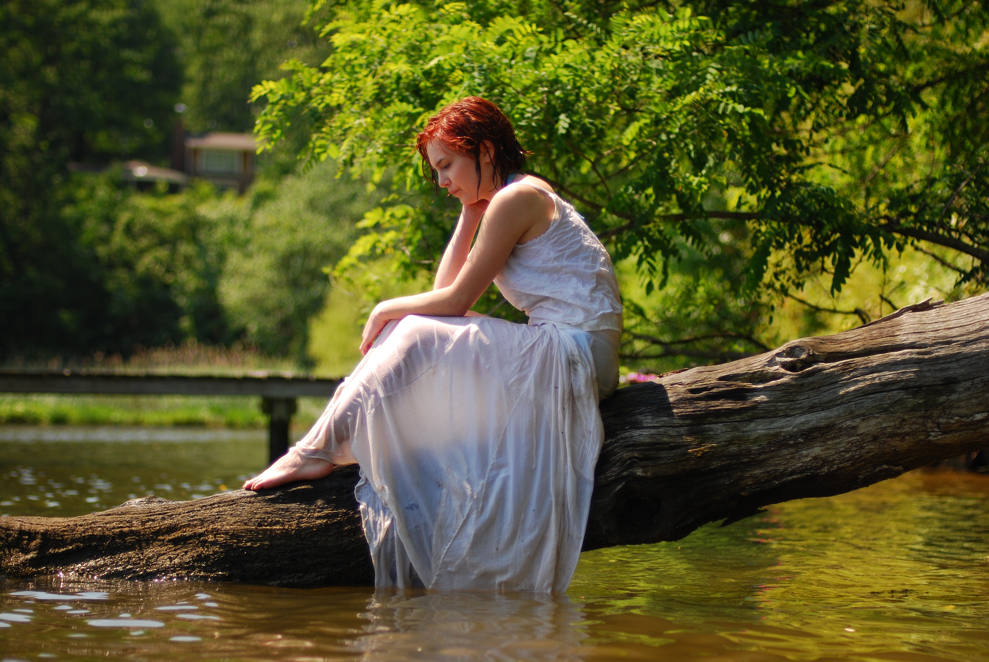 Redhead Women Women Outdoors White Dress Profile Sitting Warming In Sunlight Barefoot 3872x2592