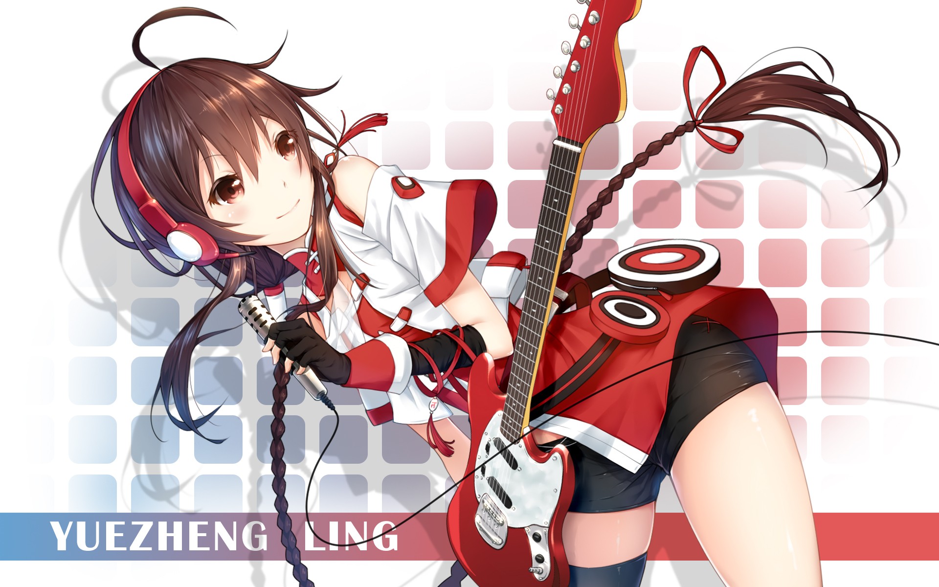 Anime Girls Vocaloid Yuezheng Ling Braids Brunette Brown Eyes Gloves Guitar Headphones Musical Instr 1920x1200