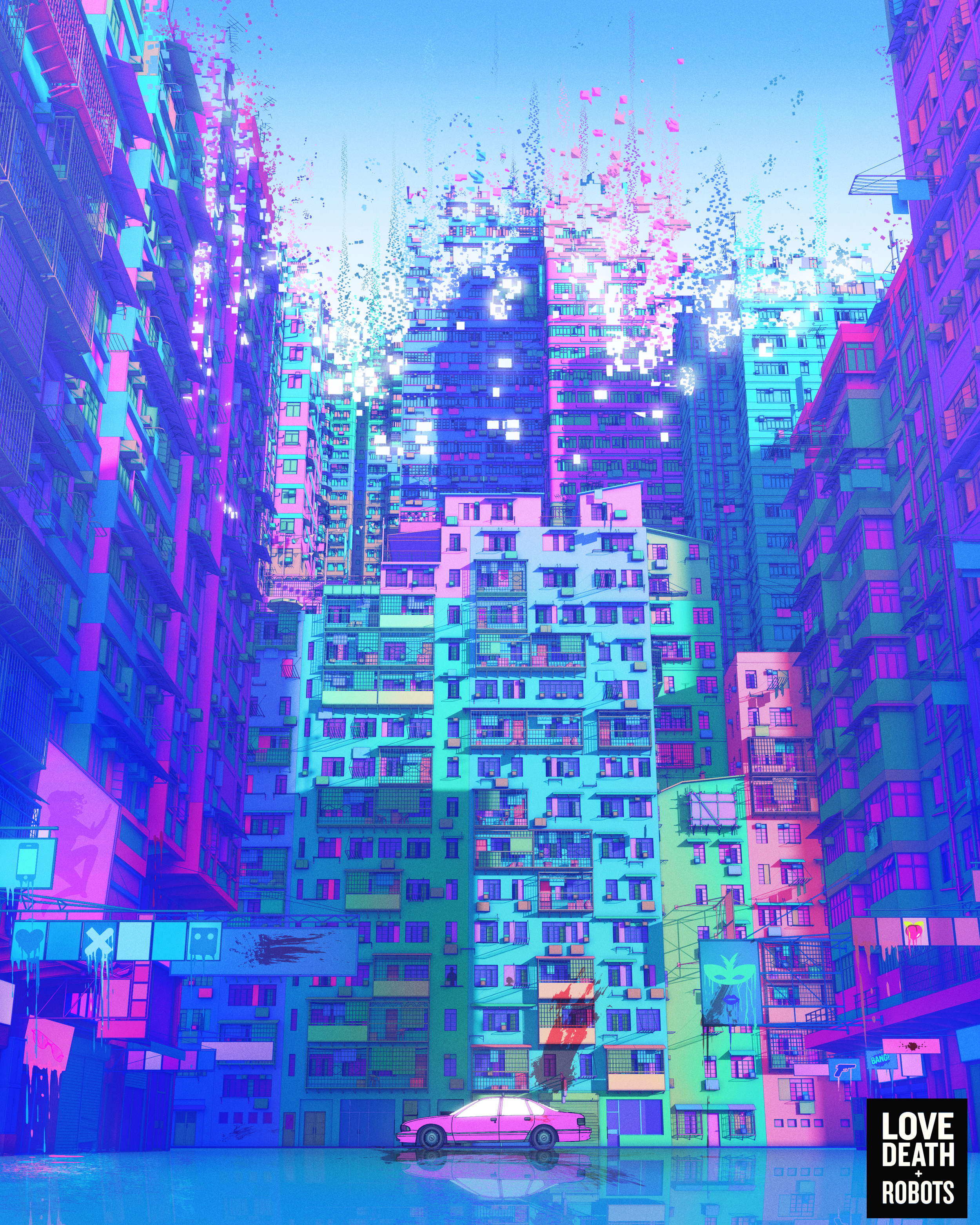 Love Death Robots Neon Cityscape Cyan Pink Glitch Art Car Building Skyscraper Vaporwave Digital Art  2500x3125