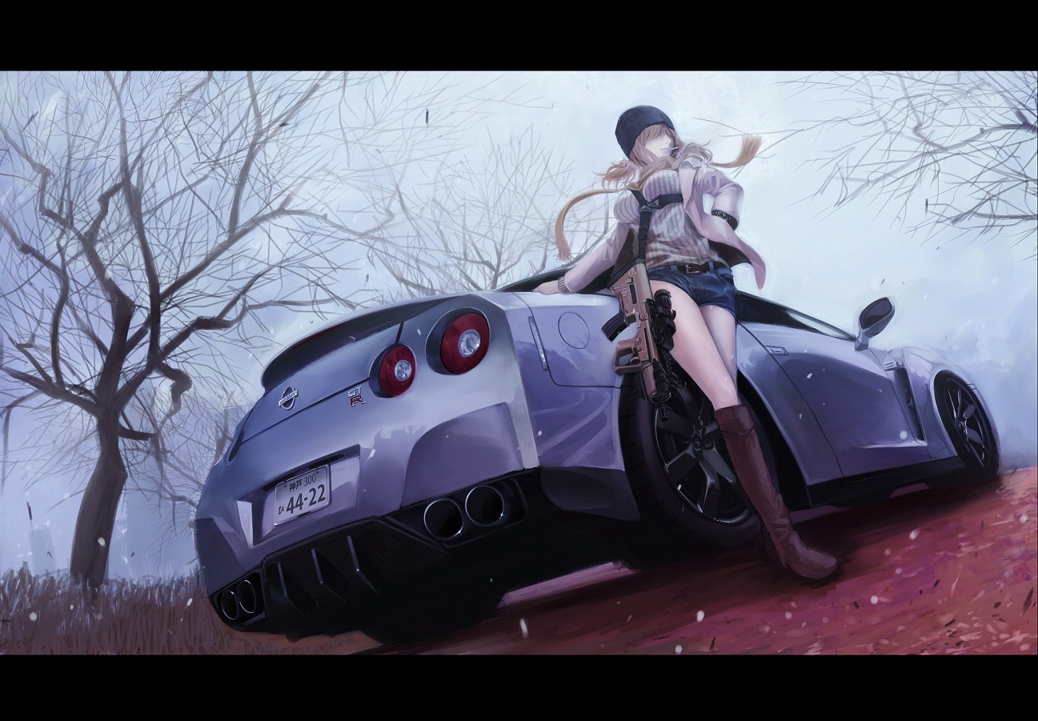 Gun Anime Nissan GT R Koh Nissan Car Anime Girls Low Angle 1469x1020