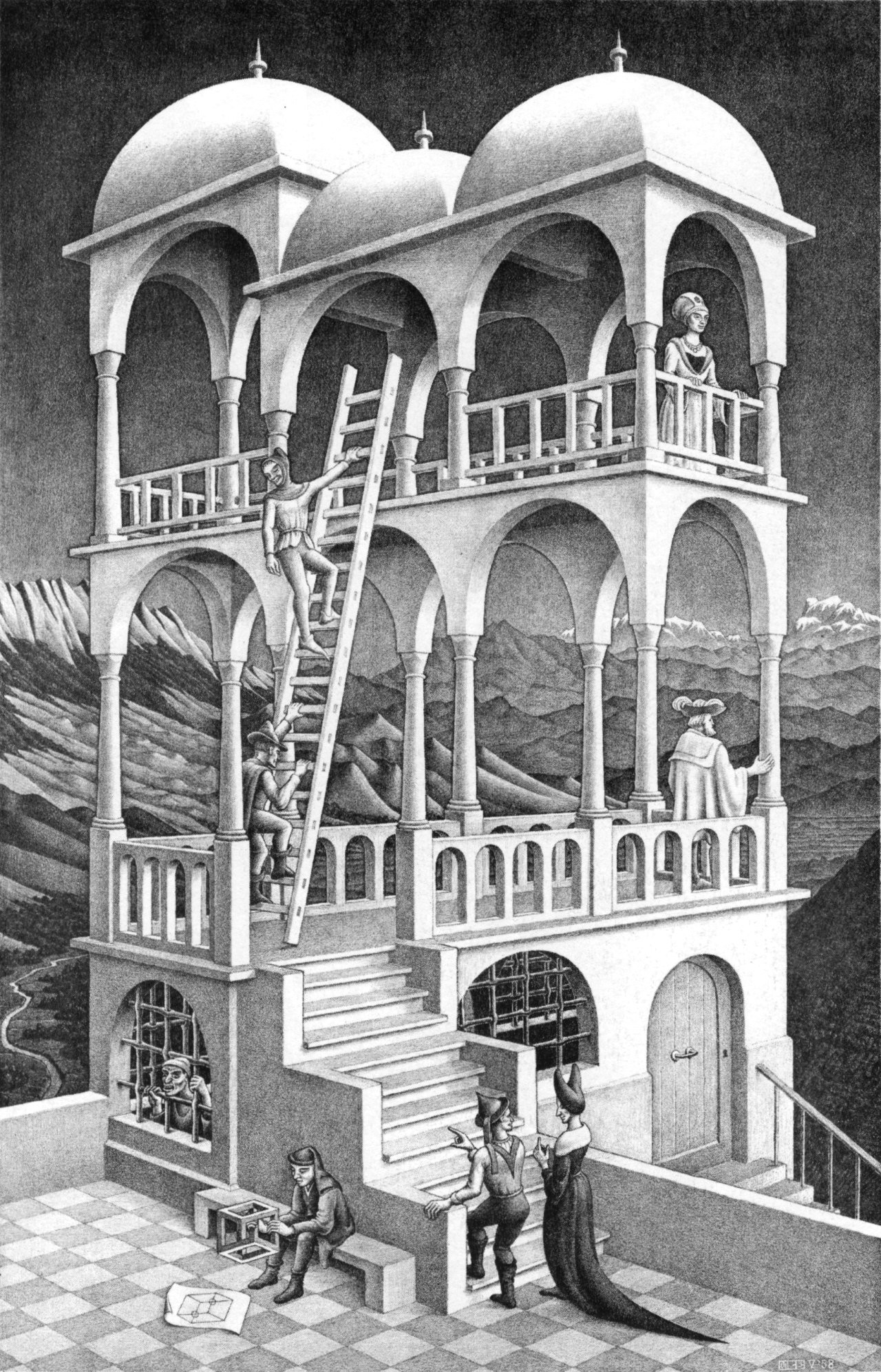 Artwork Optical Illusion M C Escher Monochrome Portrait Display Lithograph People Building Stairs La 1280x1993