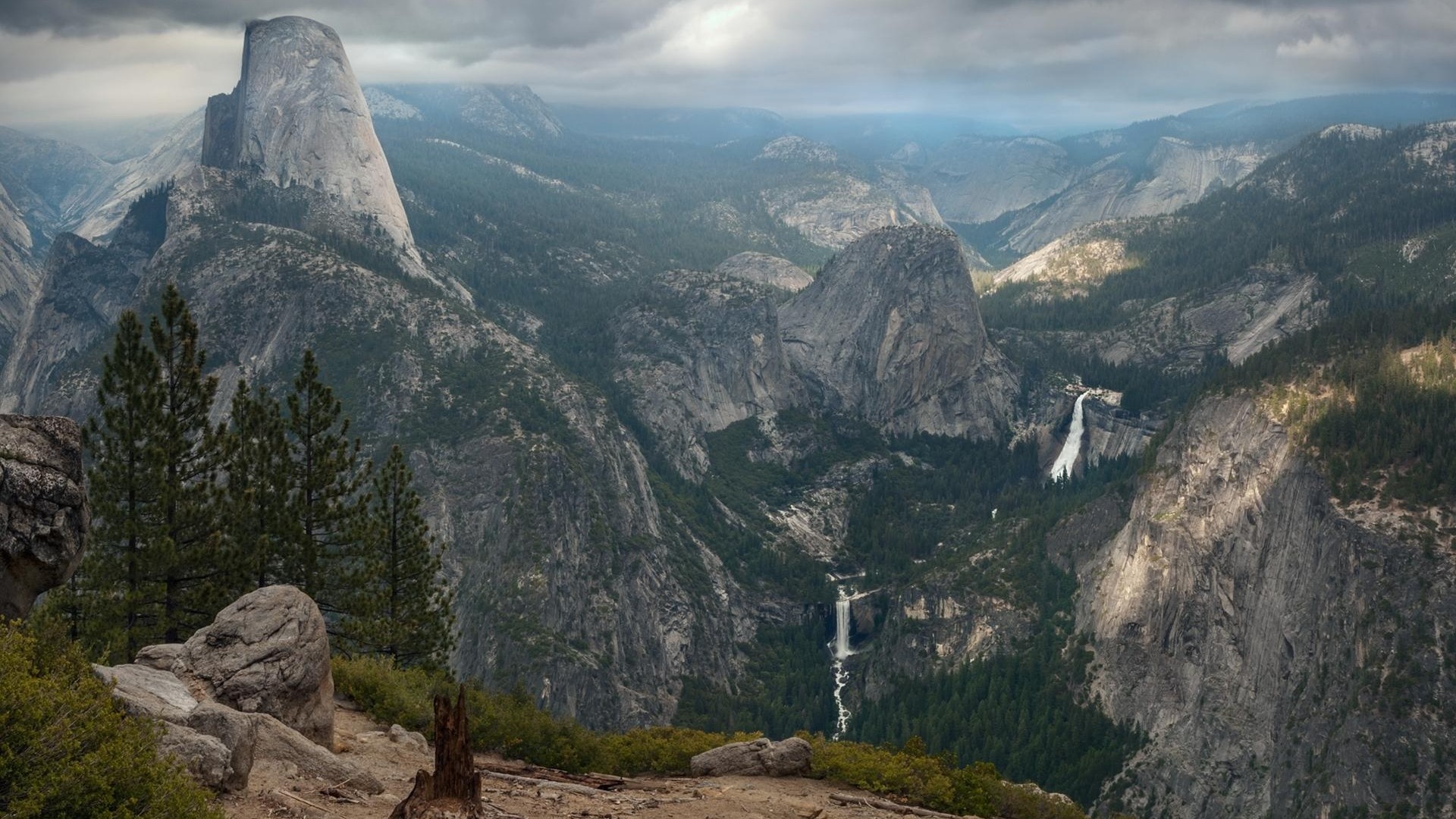 Nature Landscape Mountains Trees Forest USA Waterfall Yosemite National Park Rock Clouds Tree Stump  1920x1080